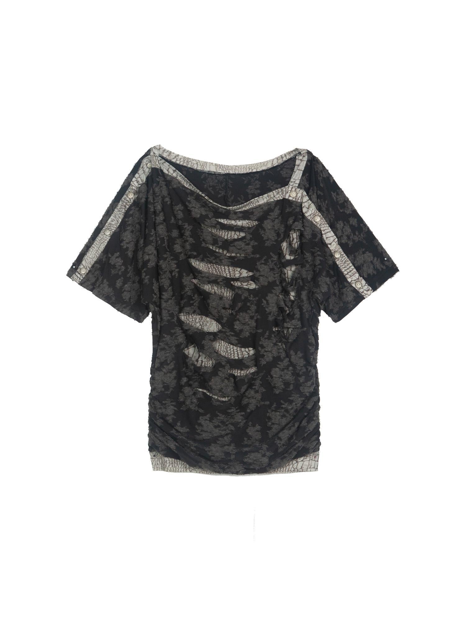 ARIADNAw Vintage Y2K Collage Tee Asymmetrical Cut Out Top Retro Contrast Splicing