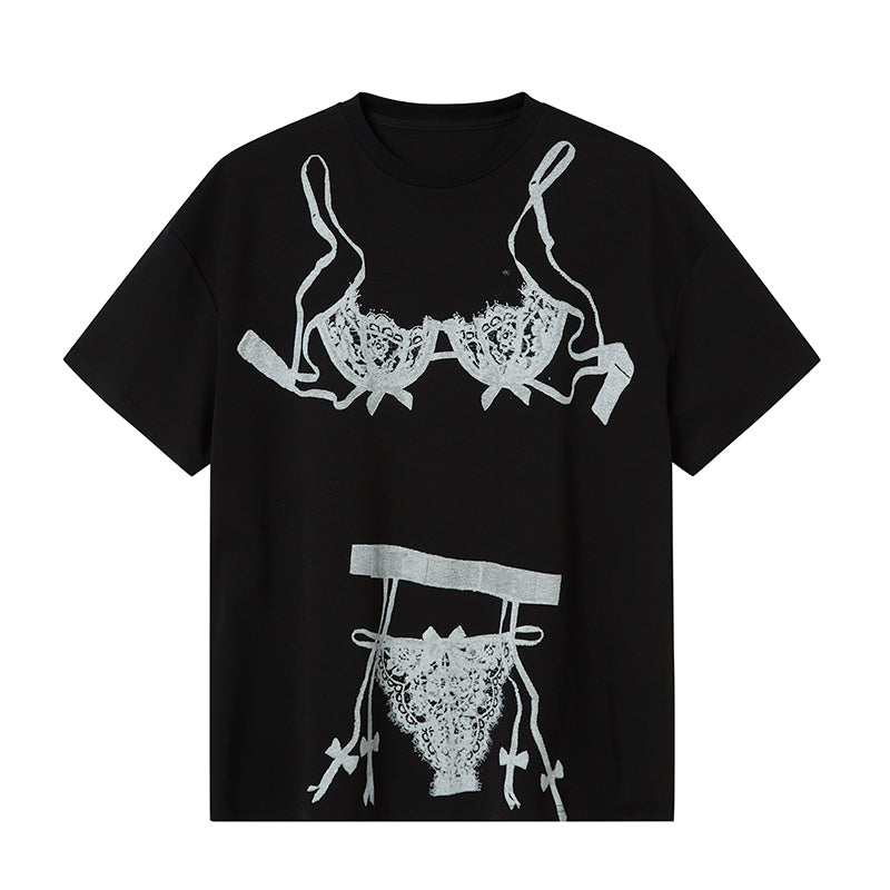 DIDDI MODA Retro Illusion Lingerie Print Relaxed Tee