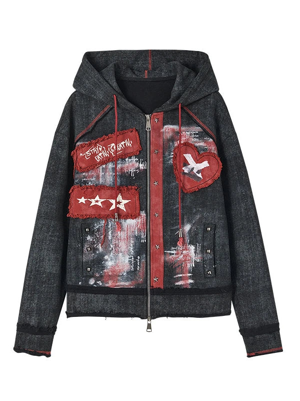 Vintage Punk Distressed Hooded Crop Top Streetwear Jacket