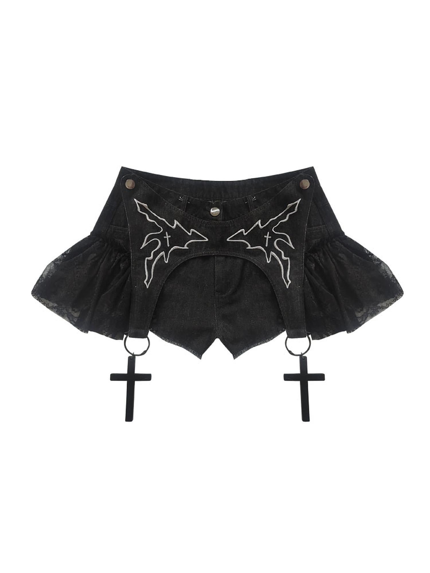 WSW WUSHENWU Dark Lace Denim Shorts Detachable Bow Cross