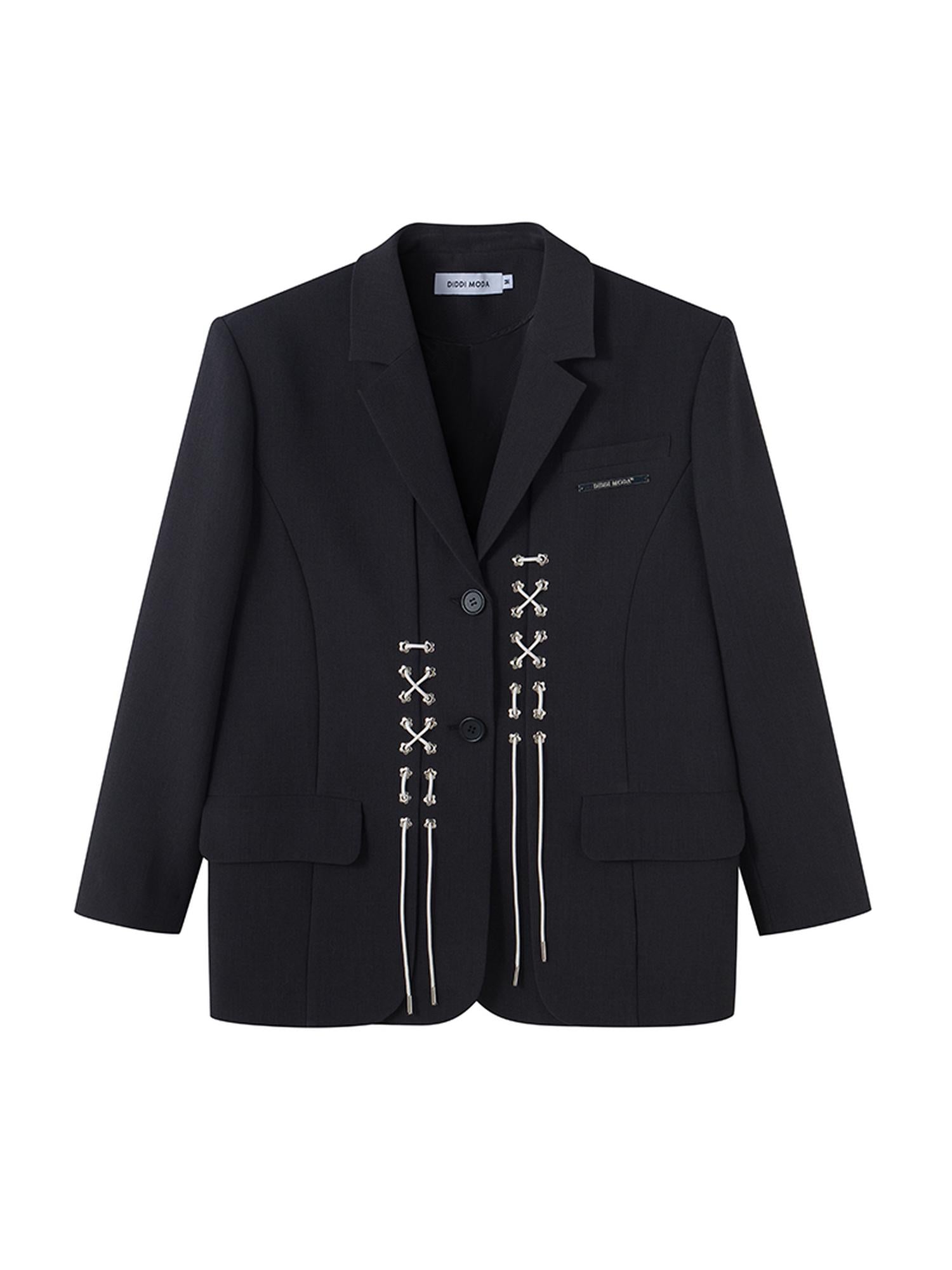 DIDDI MODA Cross Tie Detail Black Blazer With Floral Eyelets
