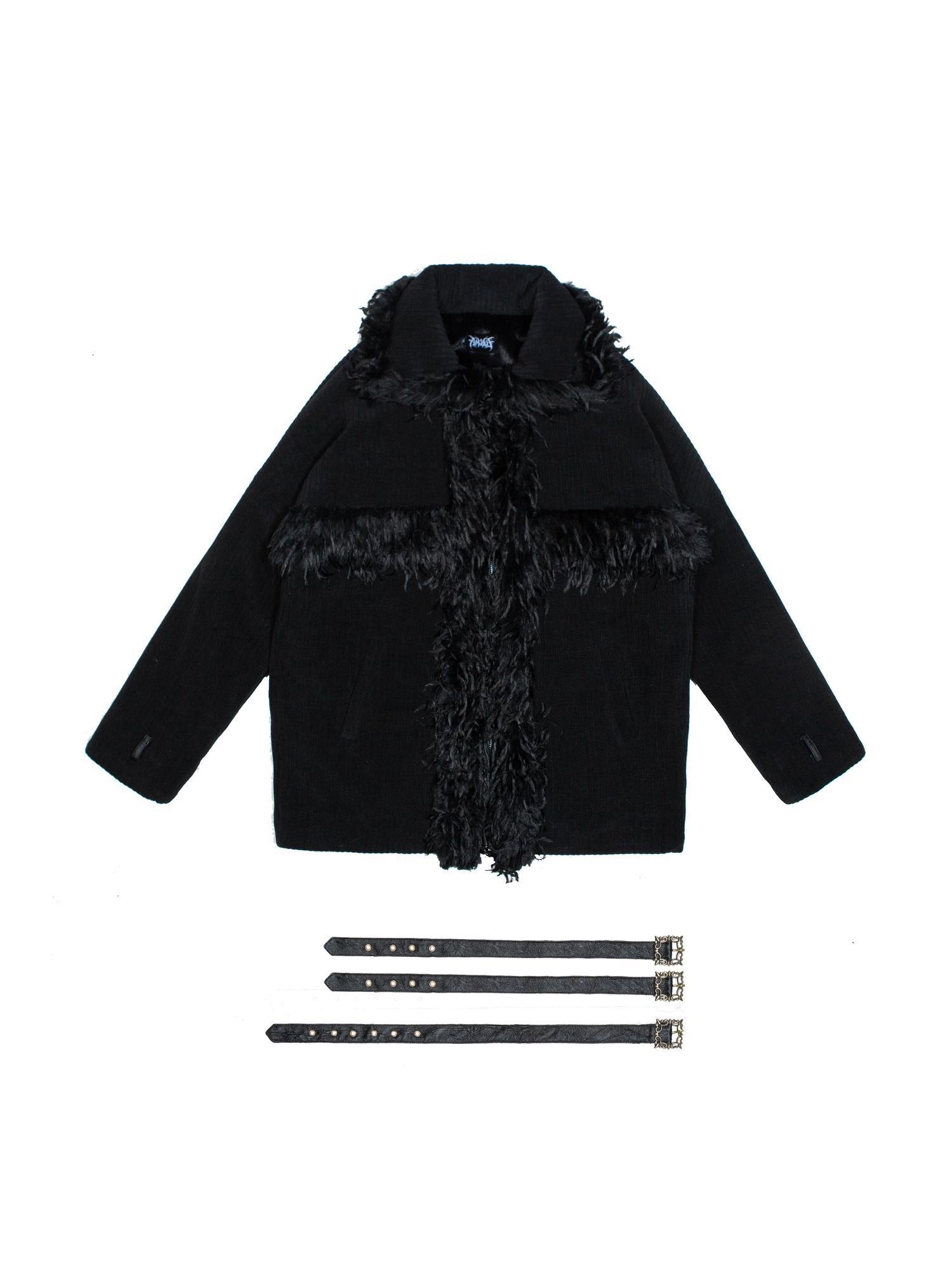 ARIADNAw Punk Faux Fur Wool Lined Collar Coat Winter Oversize Mid Length