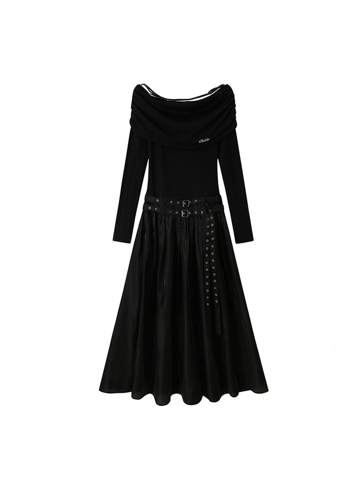 DIDDI MODA Elegant Off Shoulder Bow Dress With Metallic Belt