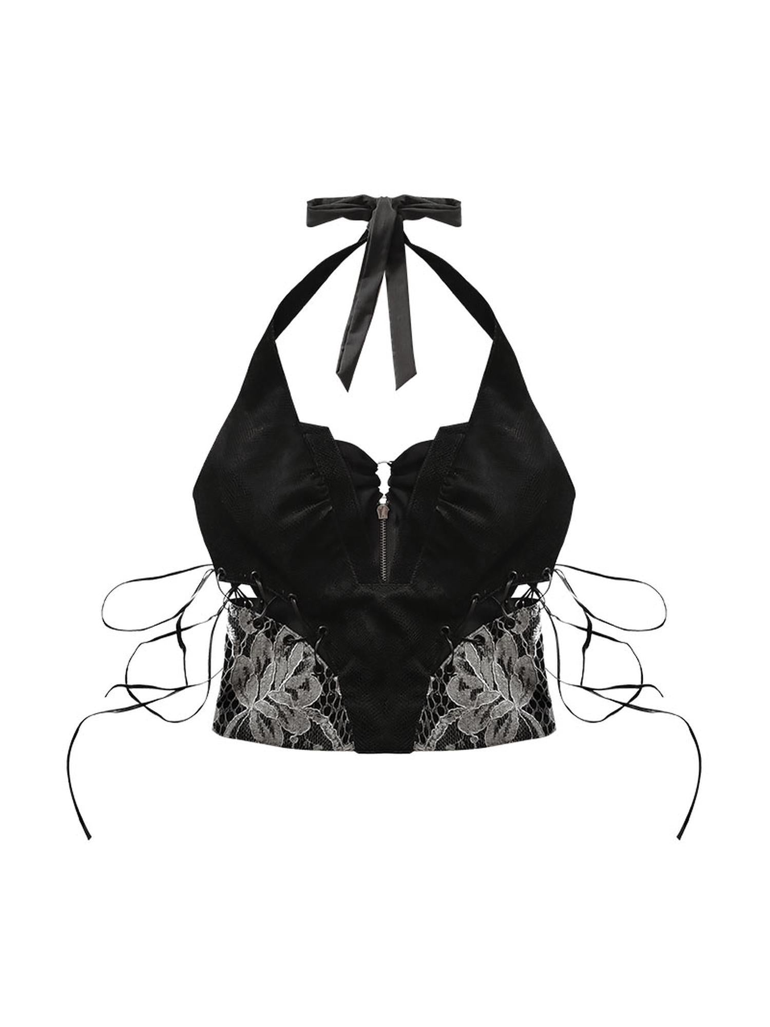 WSW WUSHENWU Sexy Snake Pattern Lace Leather Vest Deep V Neck Black Top