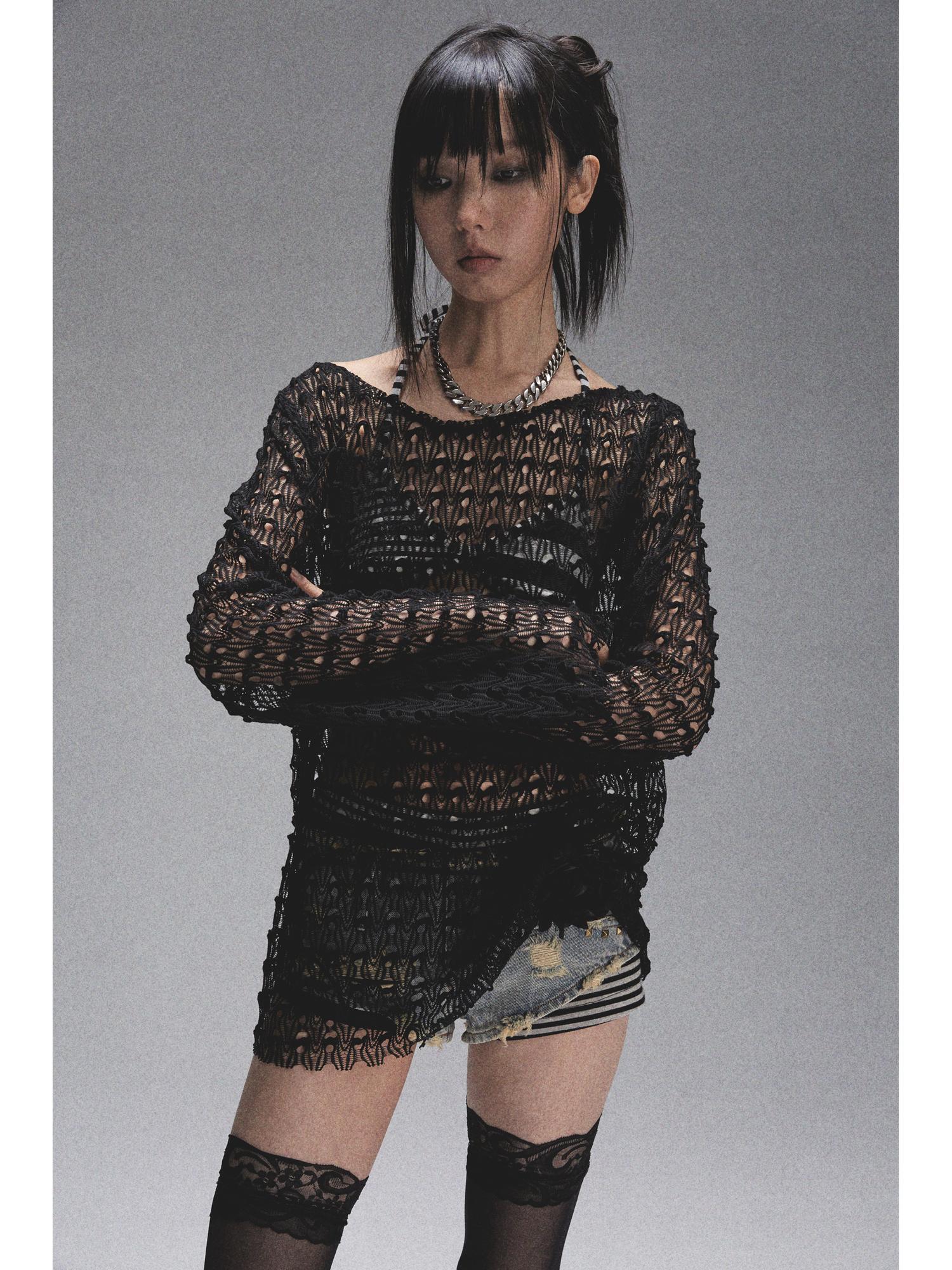 NONAME SPACE Spaca Mesh Shoulder Top With Free Scarf