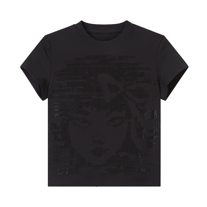 DIDDI MODA Sparkling Abstract Face Crop Tee With Rhinestones