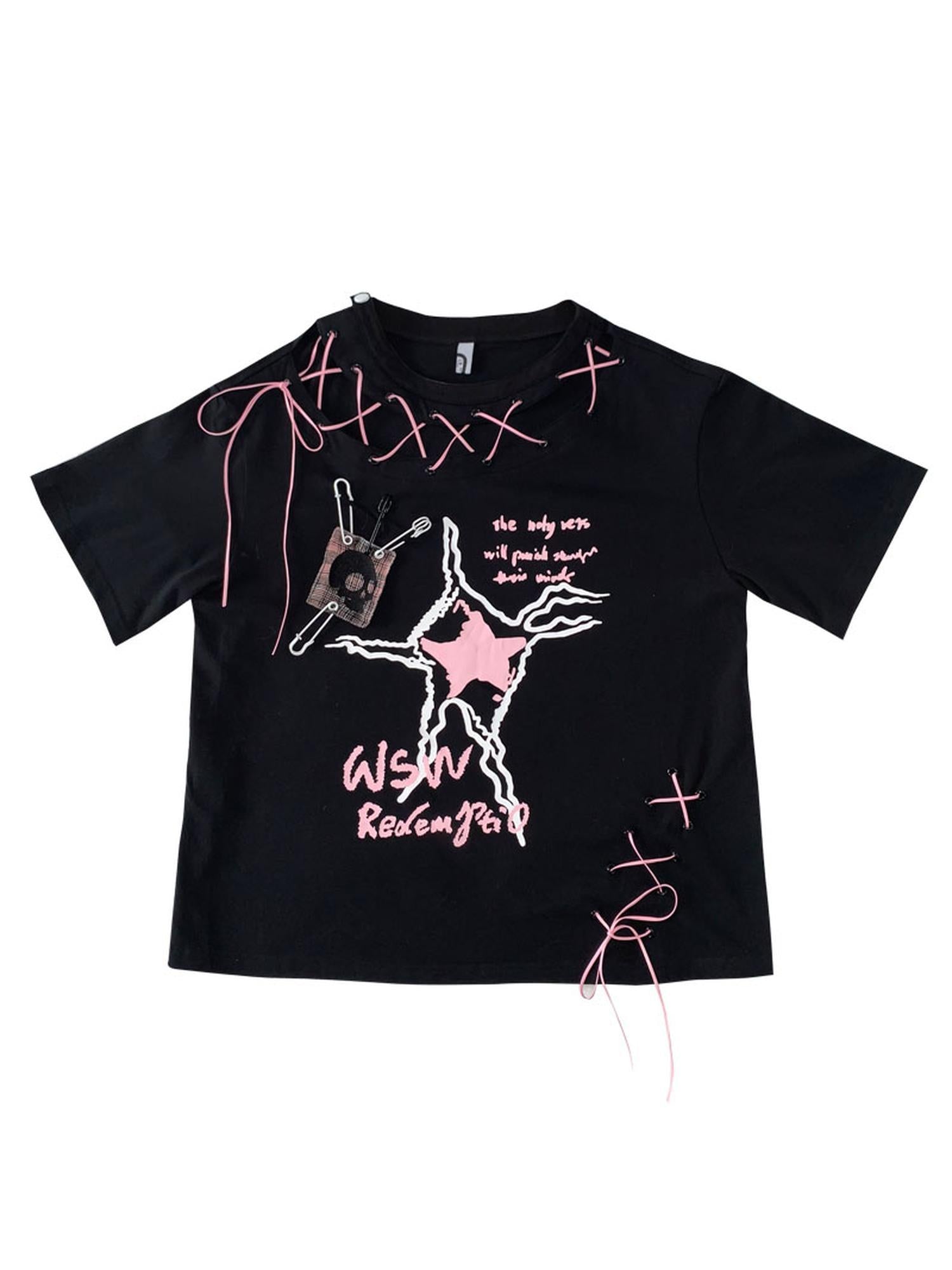 WSW WUSHENWU Unique Black Pink Asymmetrical Straps Asian Fit Tee
