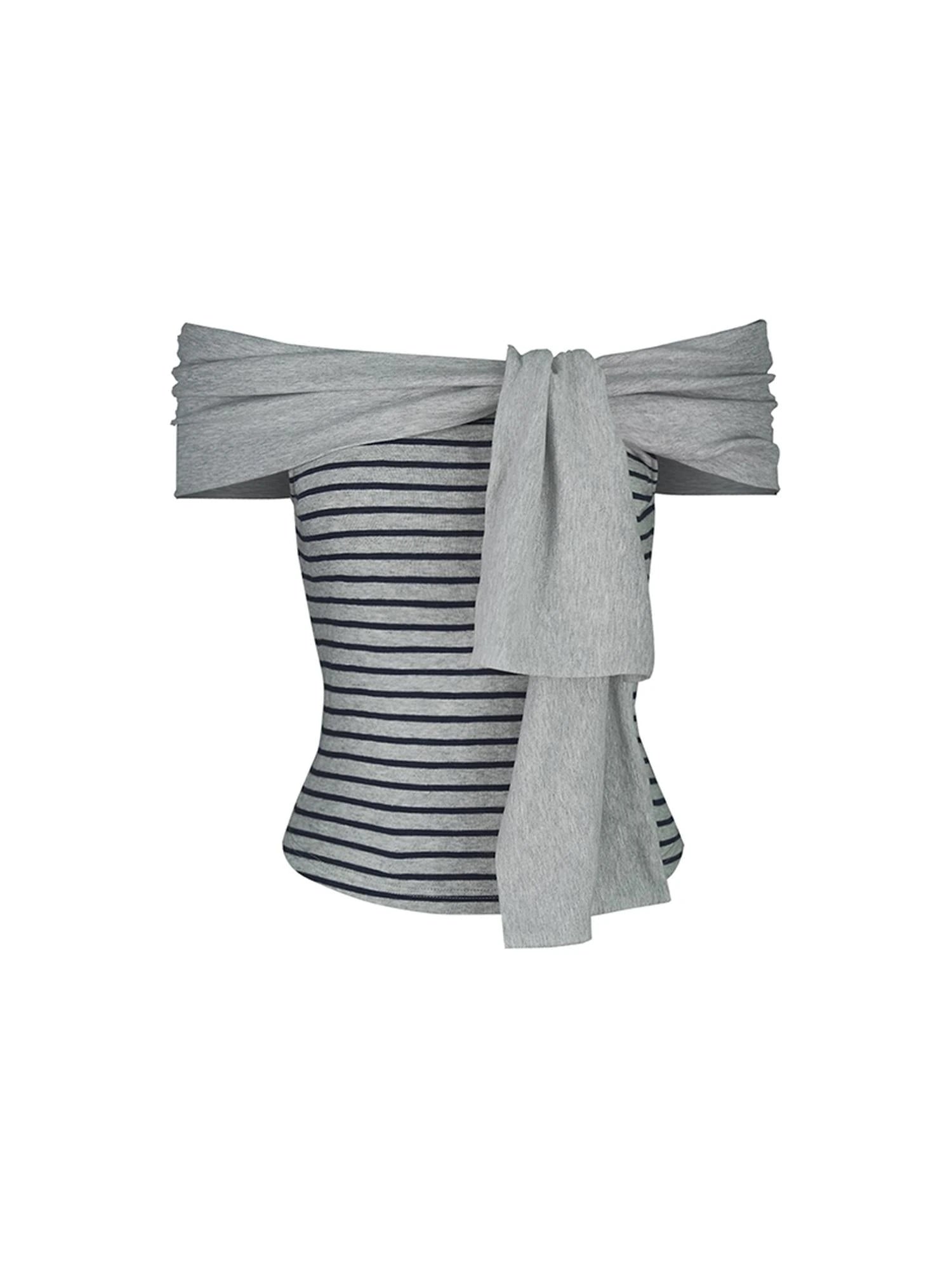 Sexy Striped Off-Shoulder Top & Navy Shorts Outfit Set