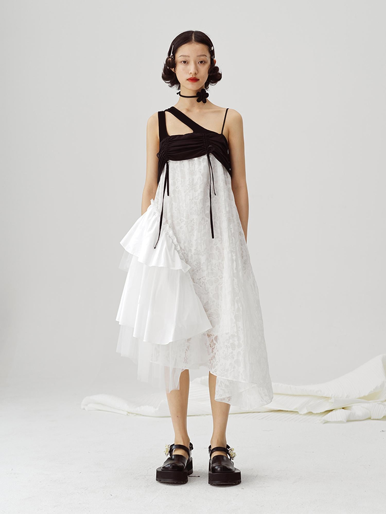DIDDI MODA Black White Mesh Jacquard Asymmetrical Dress
