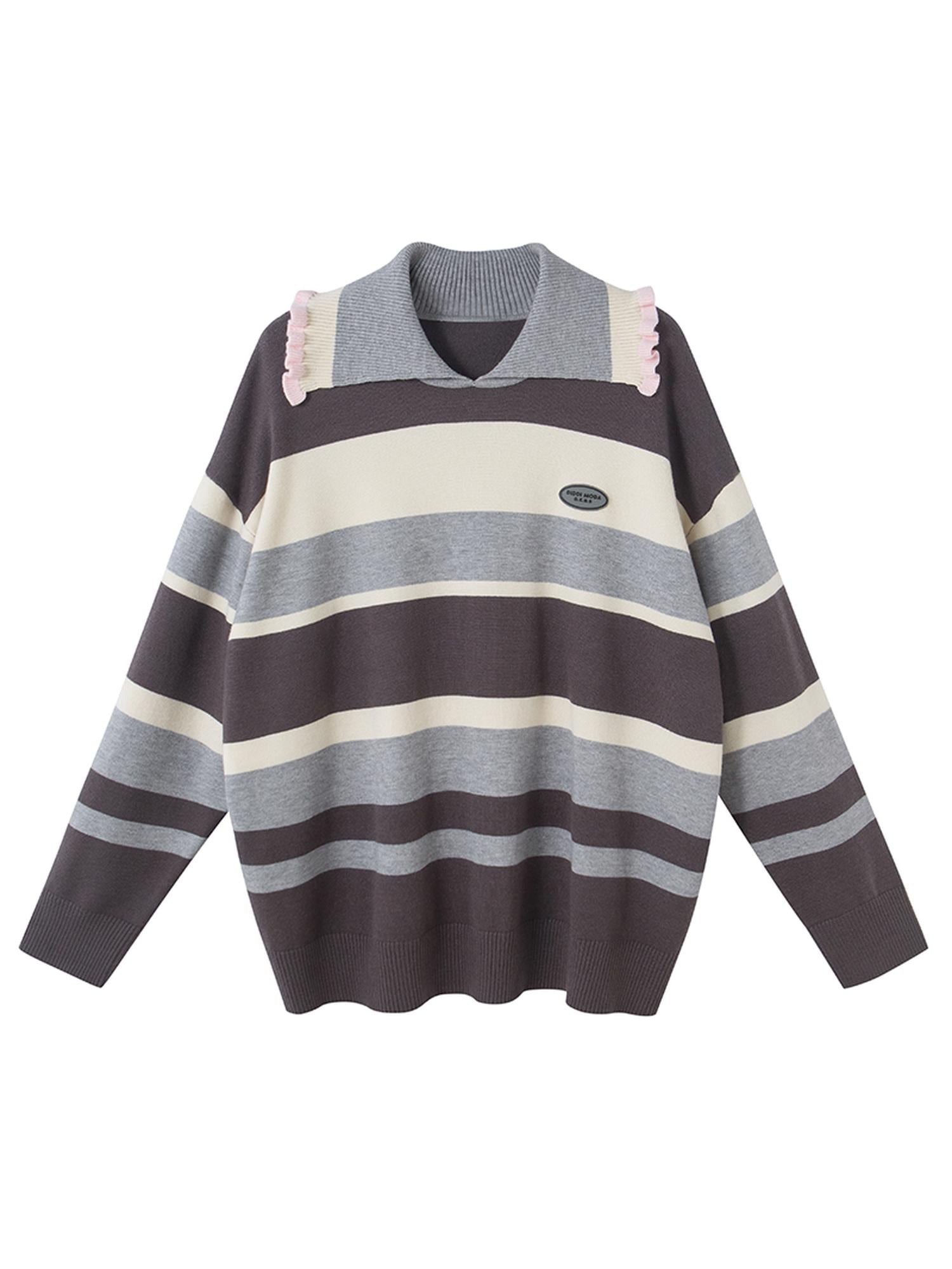 DIDDI MODA Floral Trim Color Block Stripe Knit Top