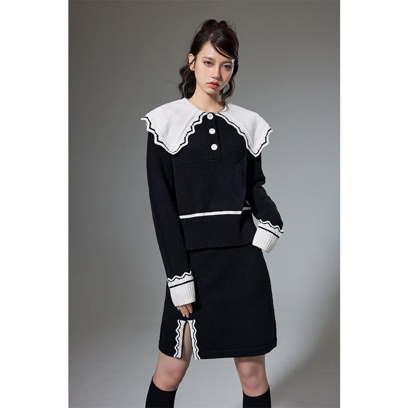 DIDDI MODA Classic Color Block Lace Collar Knit Set