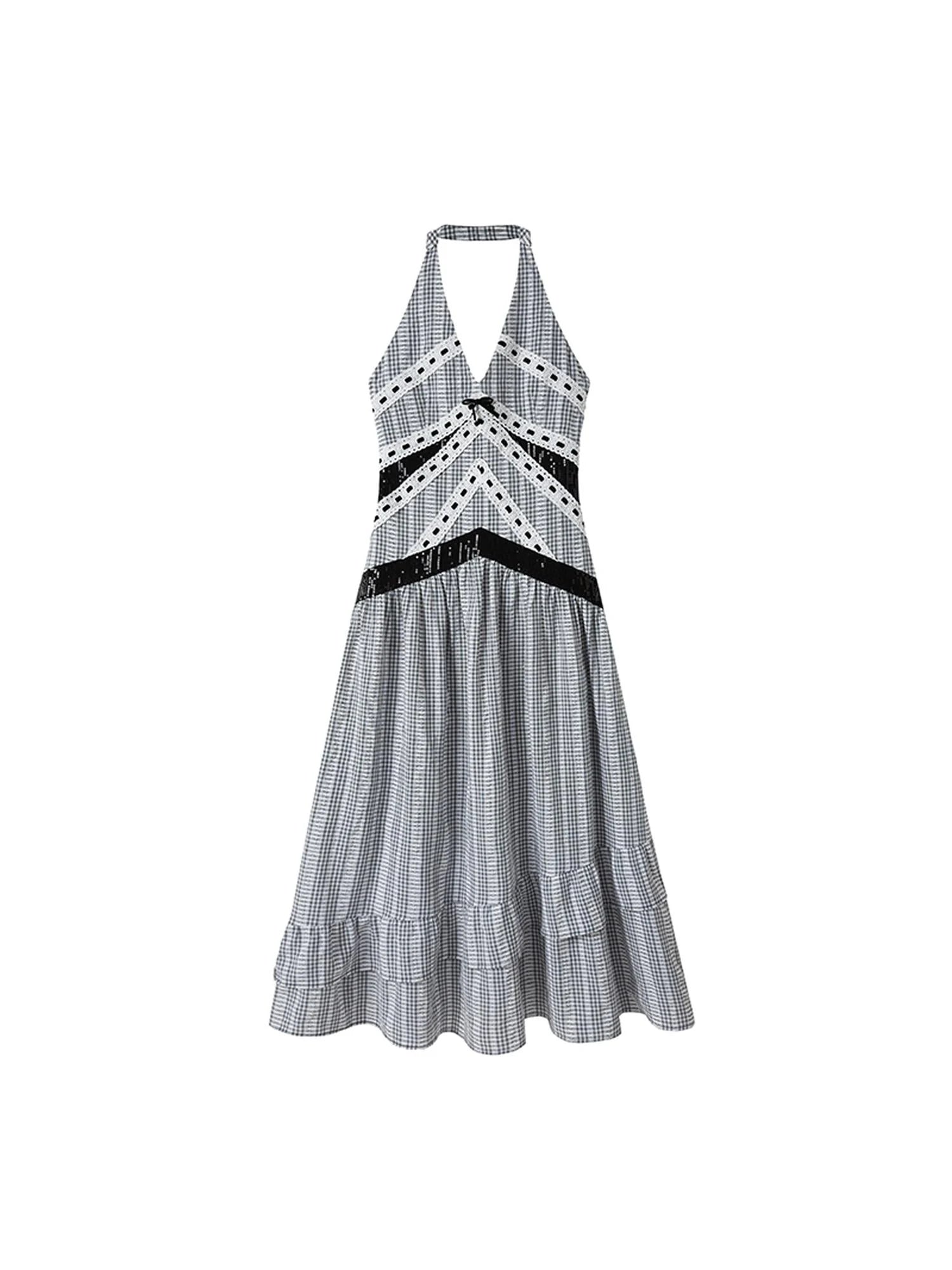 Elegant V Neck Lace Sequin Resort Maxi Dress