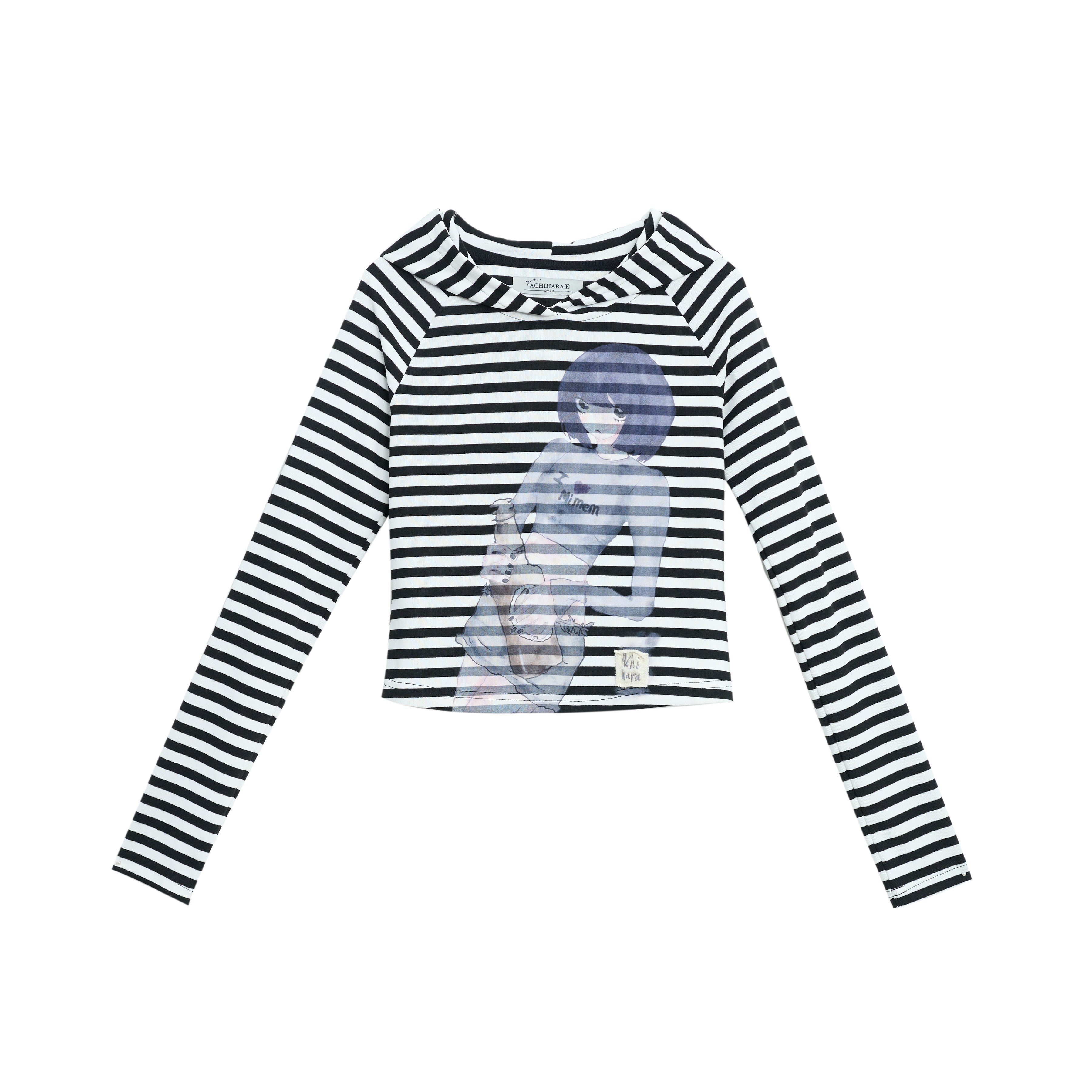 Achihara Drunk Mickey Stripes Long Sleeve Hooded T-Shirt