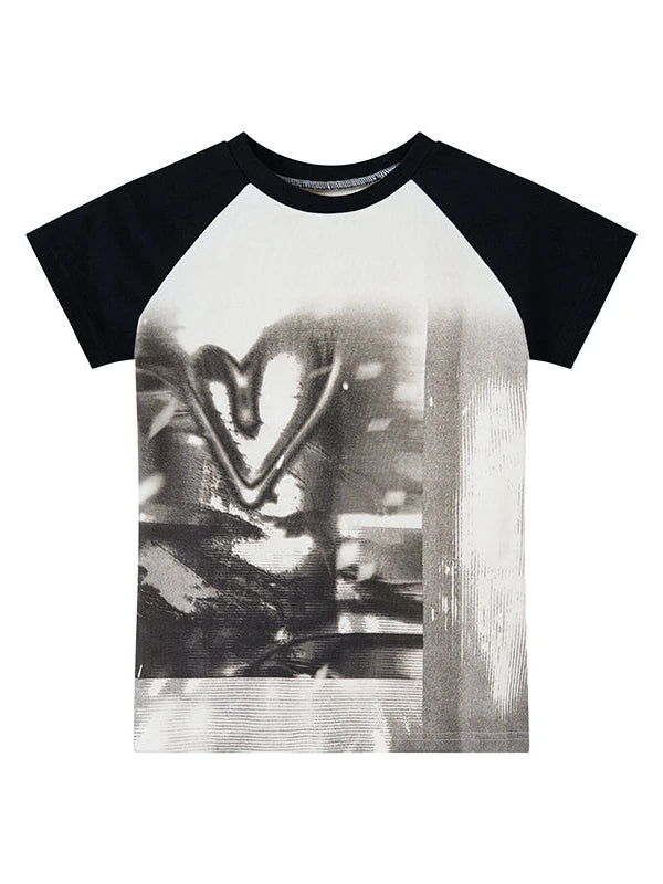 Hand Drawn Black White Graphic Raglan Tee Casual T-Shirt