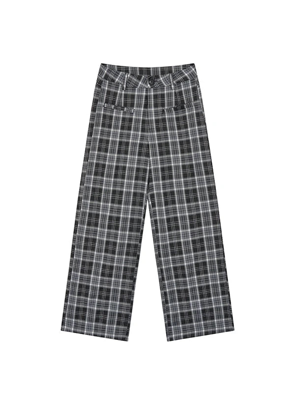Low Waist Wide Leg Checkered Pants Classic Casual Trousers