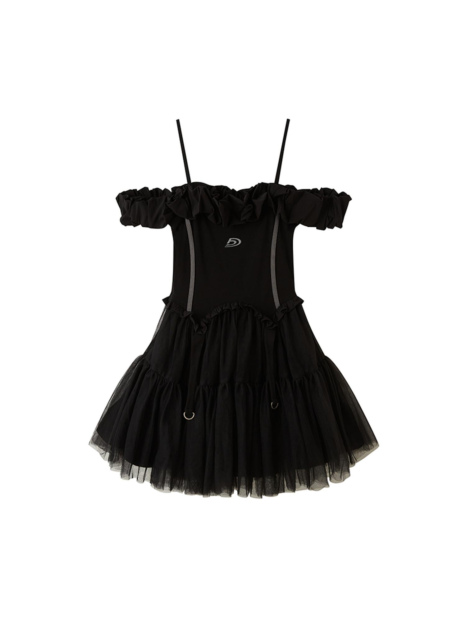 DIDDI MODA Elegant Black Ballet Off Shoulder A Line Dress With Flowy Mesh Skirt