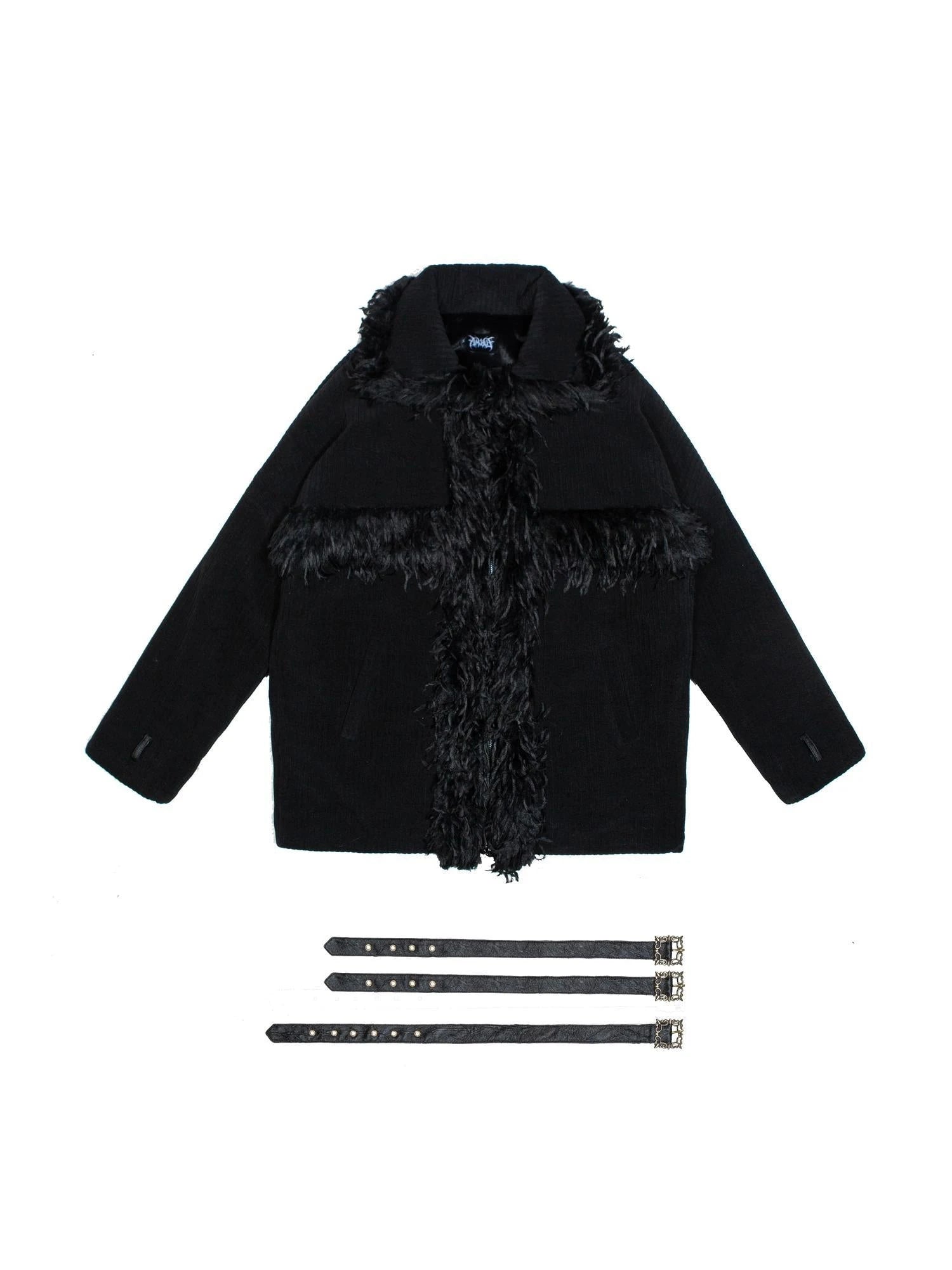 Punk Faux Fur Wool Lined Collar Coat Winter Oversize Mid Length