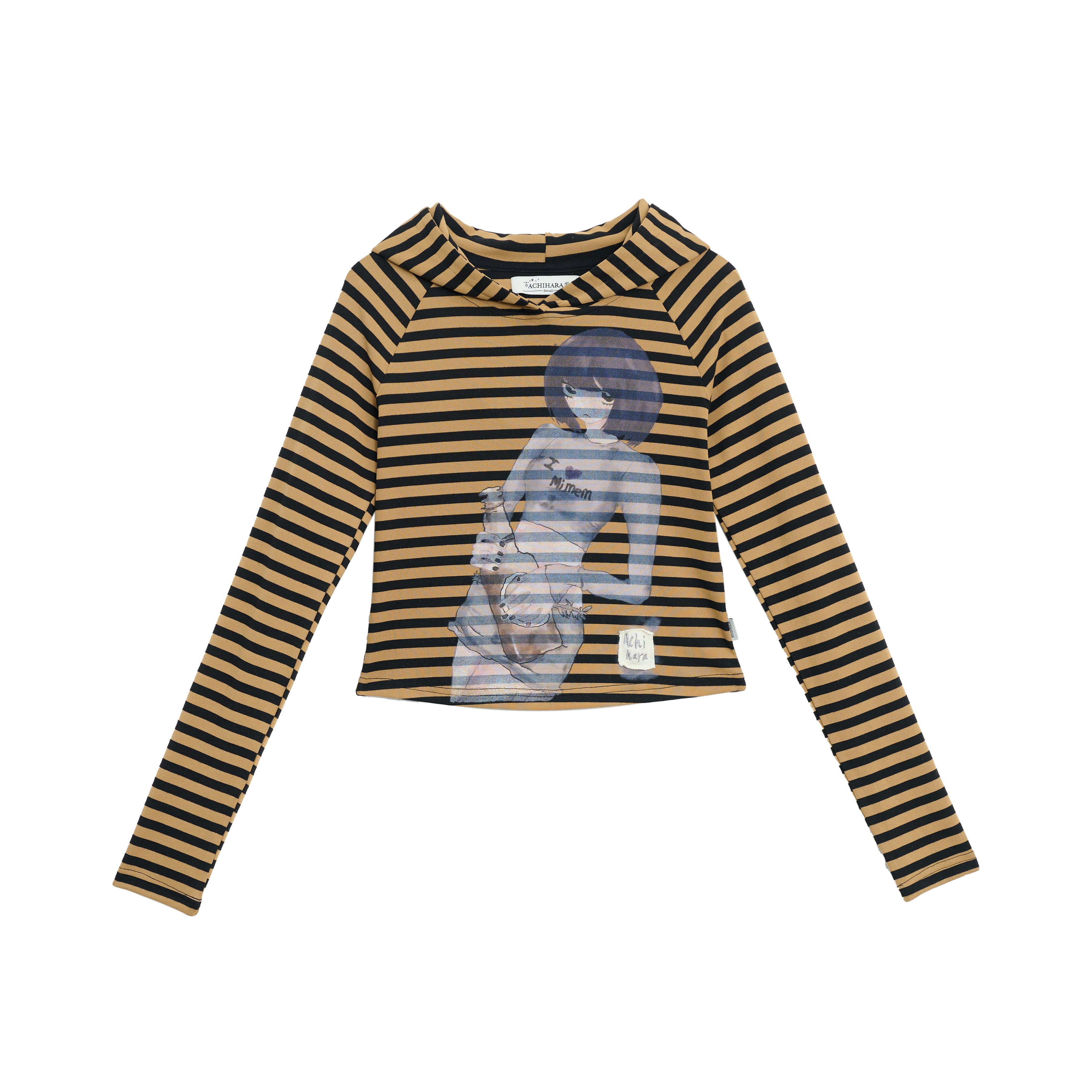 Achihara Drunk Mickey Stripes Long Sleeve Hooded T-Shirt