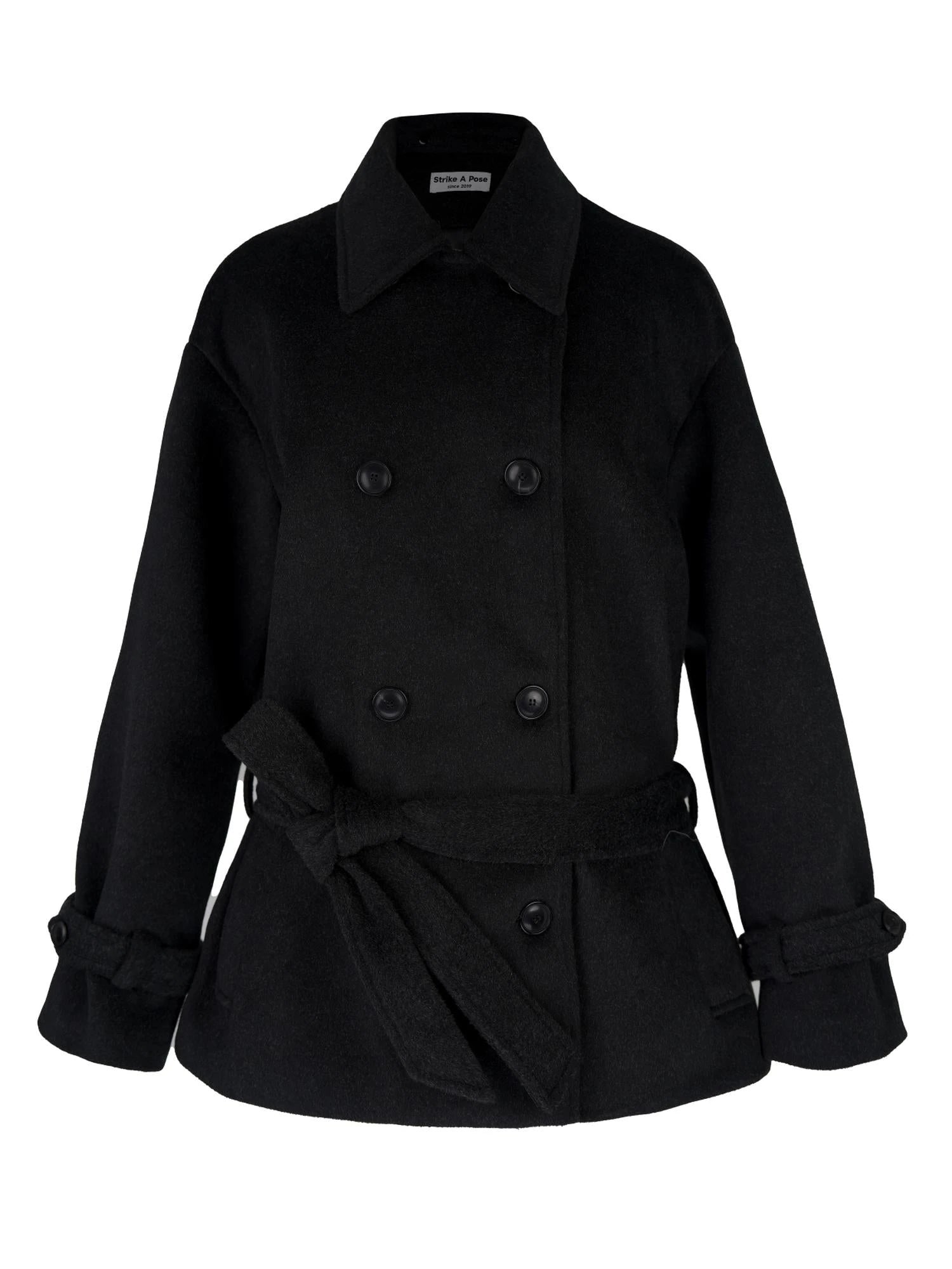 Black Detachable Faux Fur Cape Shoulder Coat Jacket