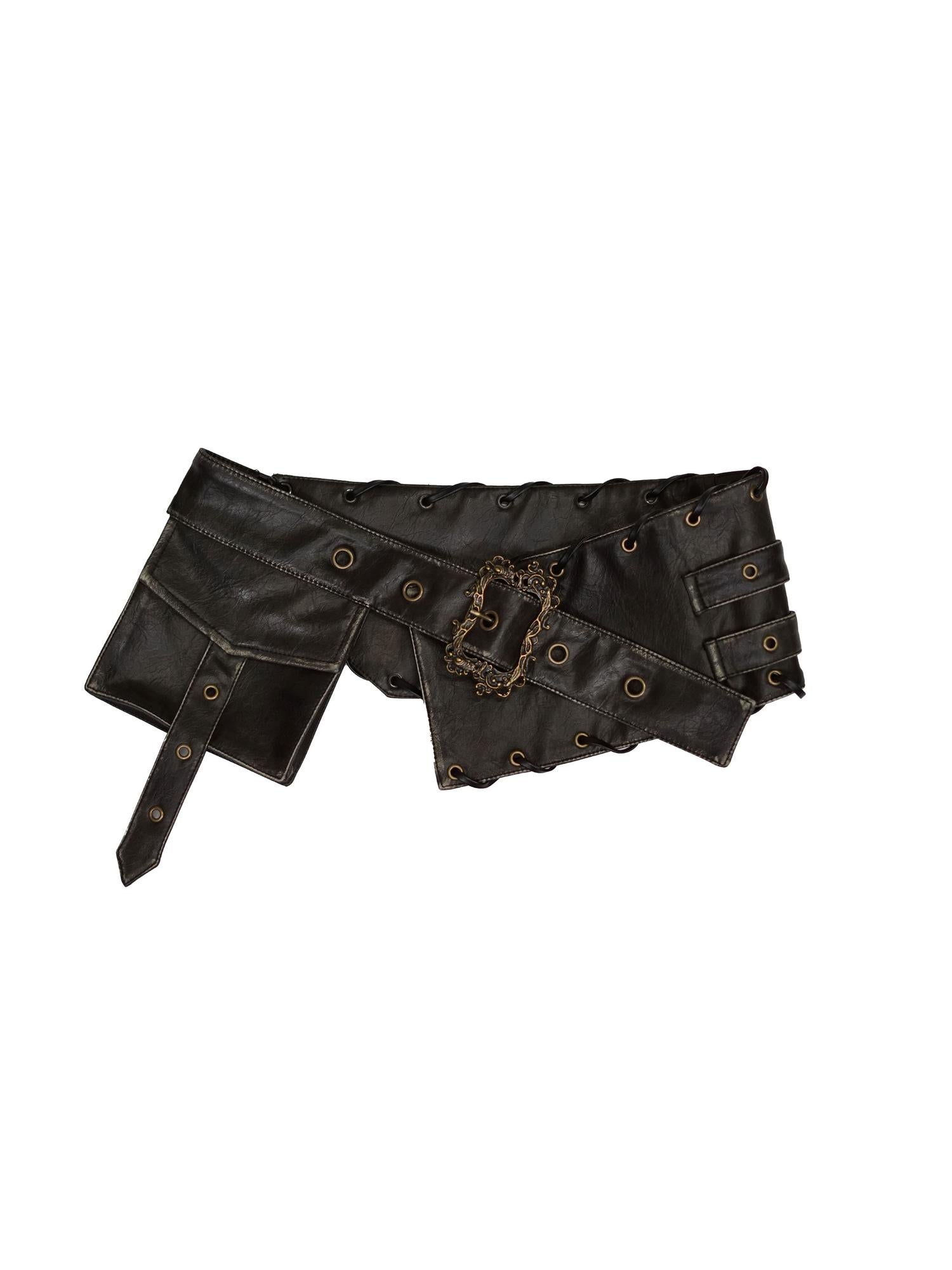 Cest Nous Vintage Engraved Buckle Leather Waist Belt With Pockets