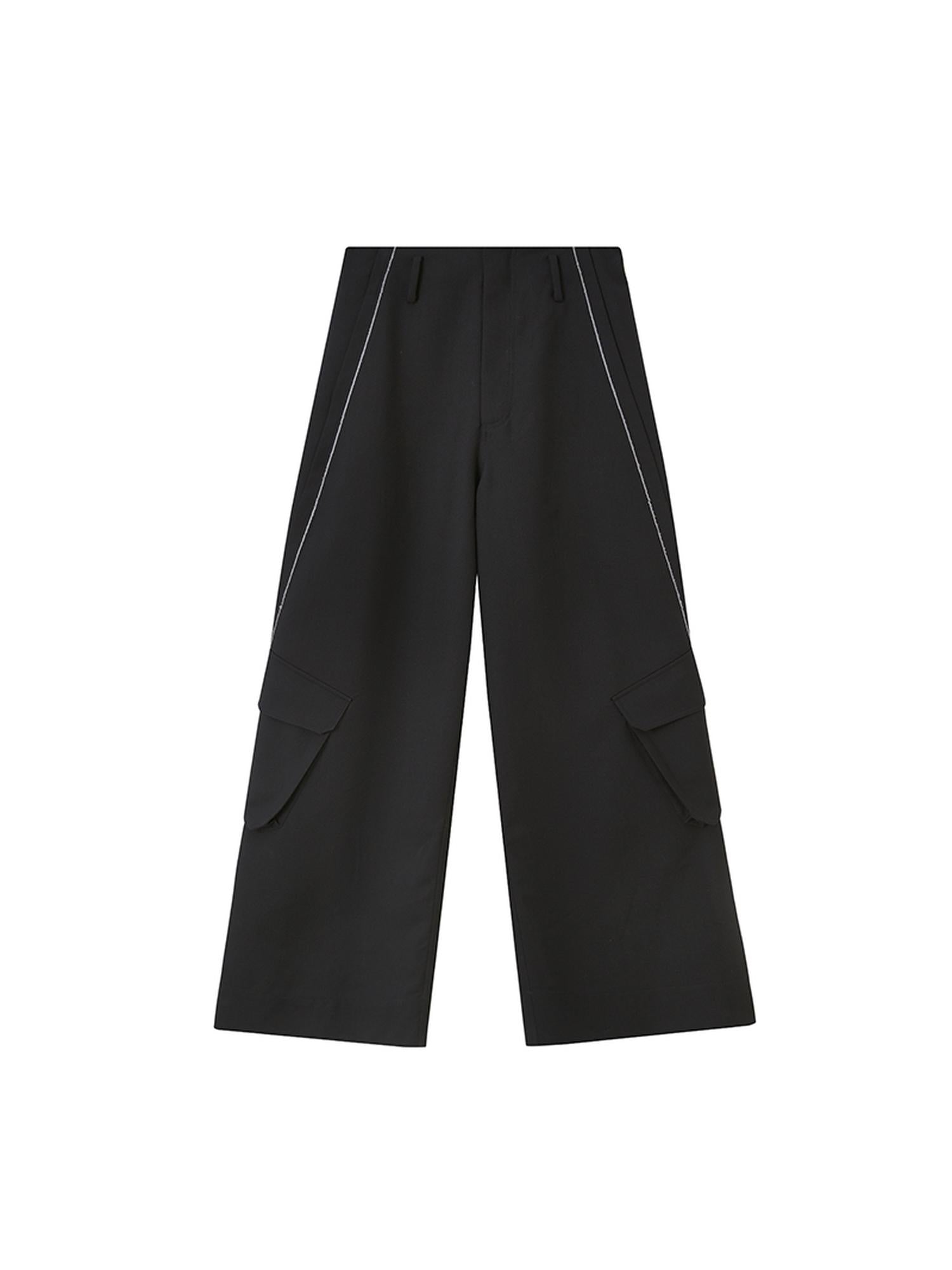 DIDDI MODA Loose Fit Pleated Wide Leg Cargo Trousers With Contrast Stitching