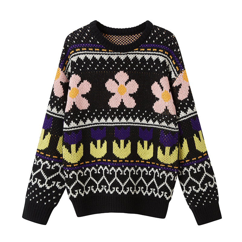 DIDDI MODA Colorful Floral Jacquard Slim Sweater