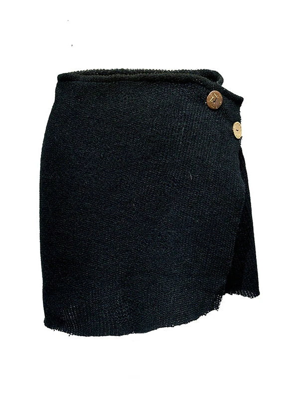 Black Knit Stretch Coconut Button Wrap Skirt