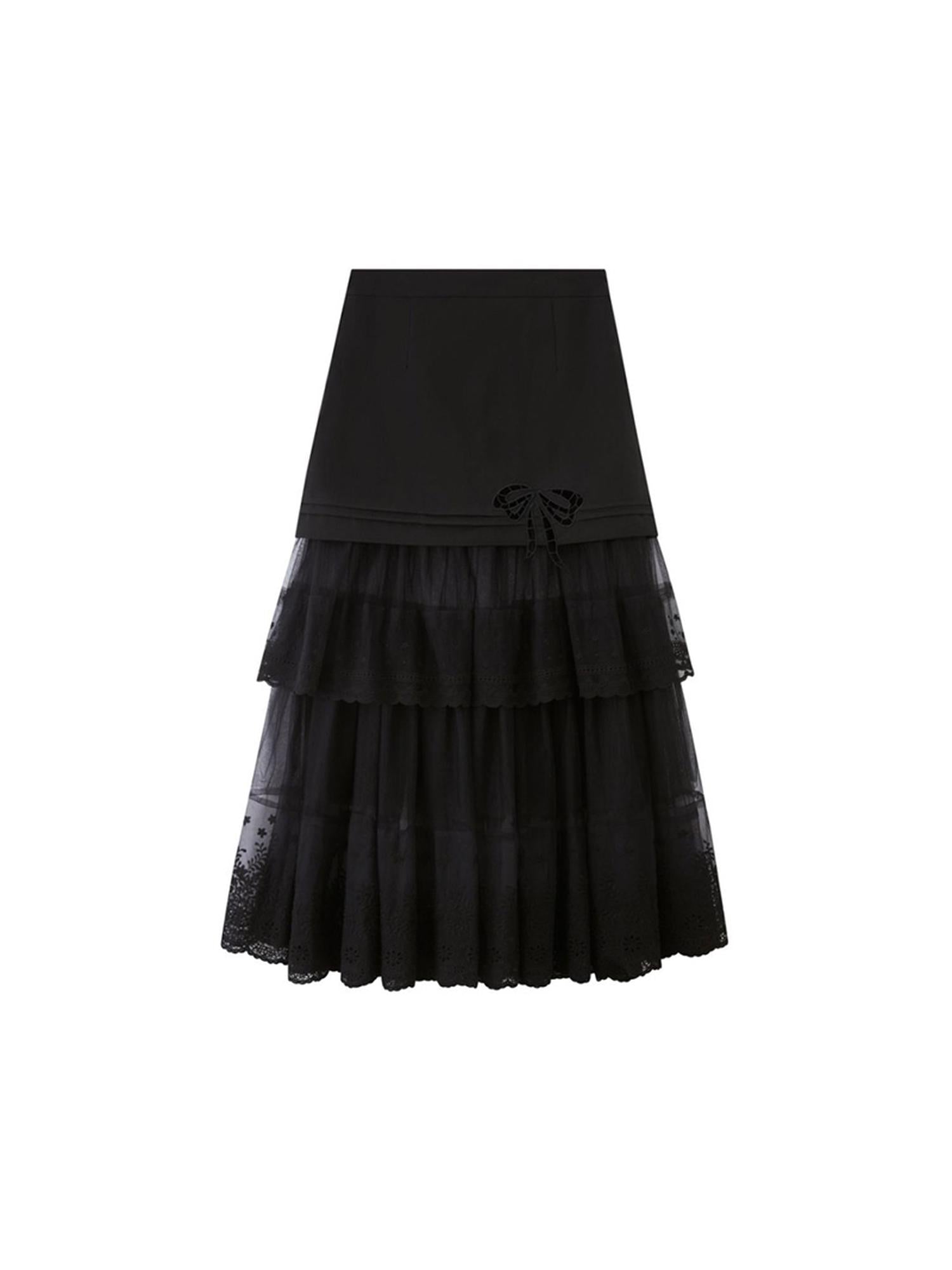 DIDDI MODA Lace Bow Trimmed Sheer Mesh Midi Skirt