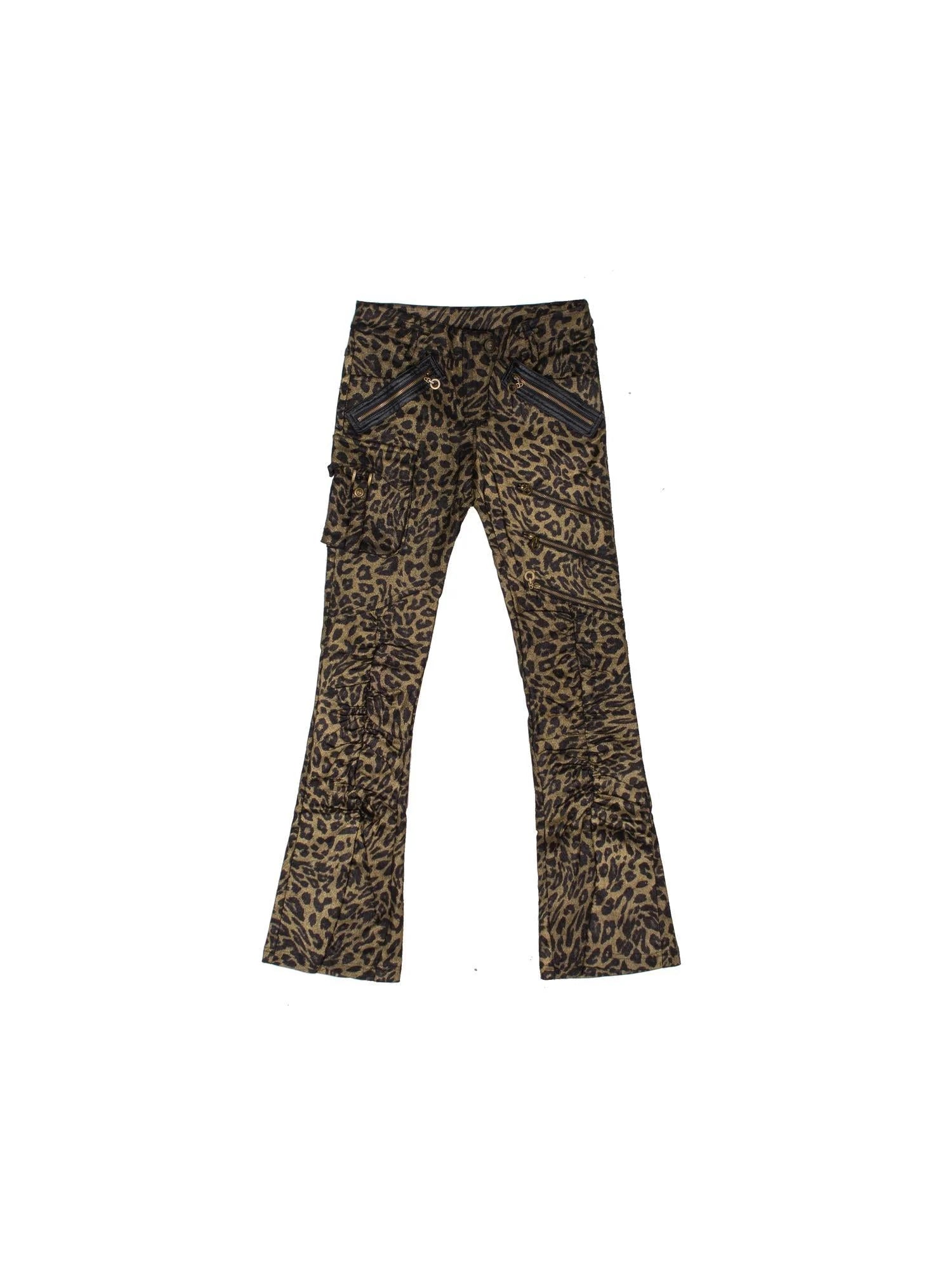 Y2K Punk Patchwork Flared Pants Retro Grunge Low Rise Leopard