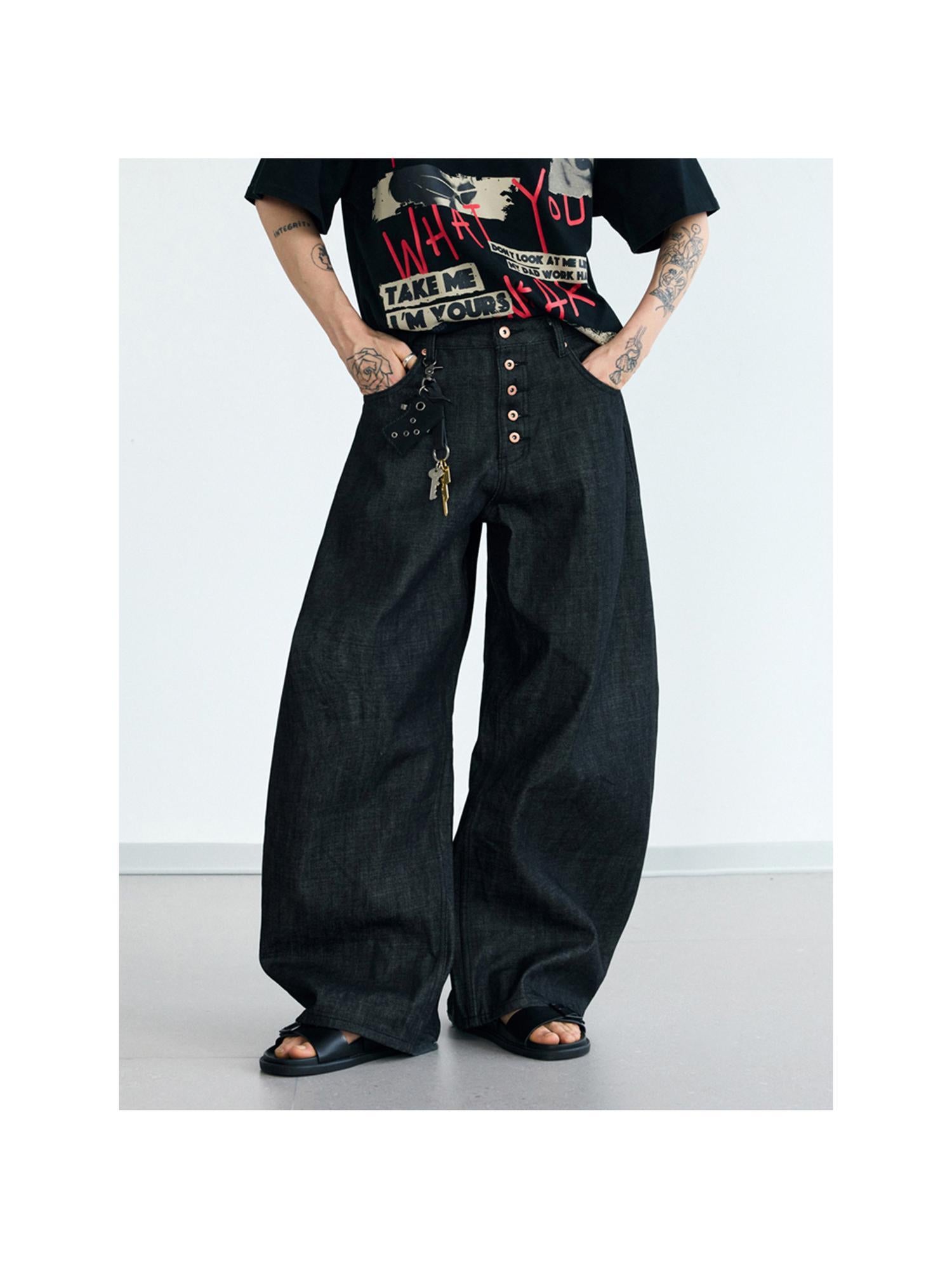 Peoplesense Unisex Black Wide Leg Scimitar Jeans Loose Fit Casual Pants