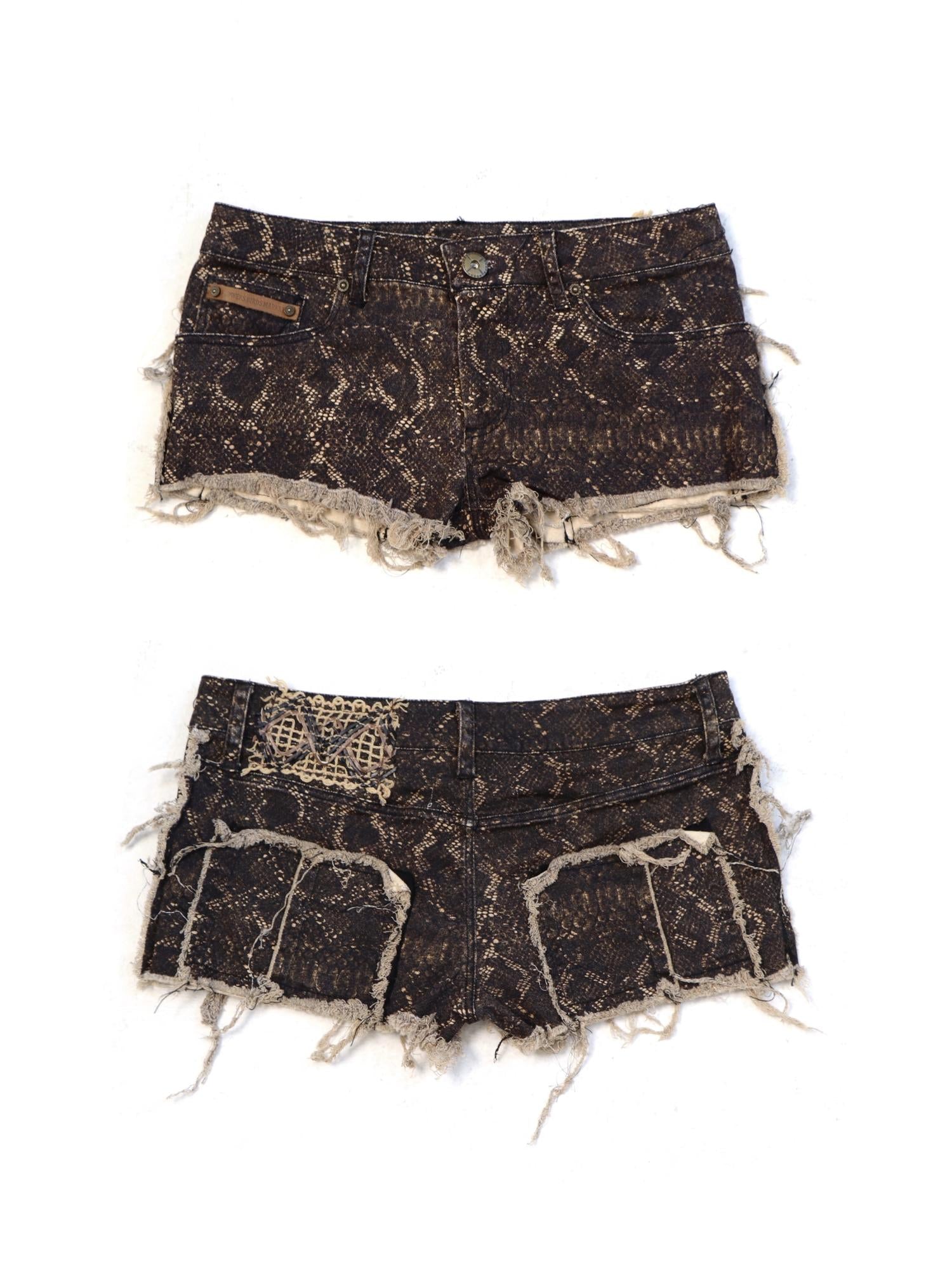 Flowers birds Market Snake Print Distressed Washed Raw Edge Denim Low Waist Shorts