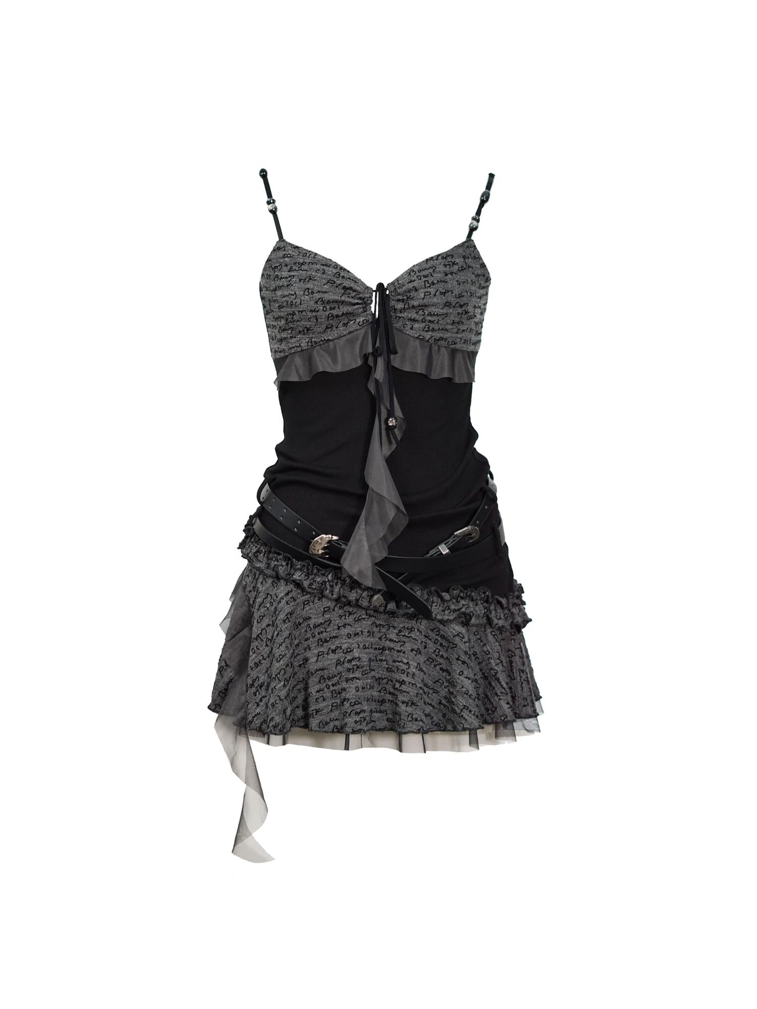 Cest Nous Ruffled Tie Waist Belt Mesh Dress