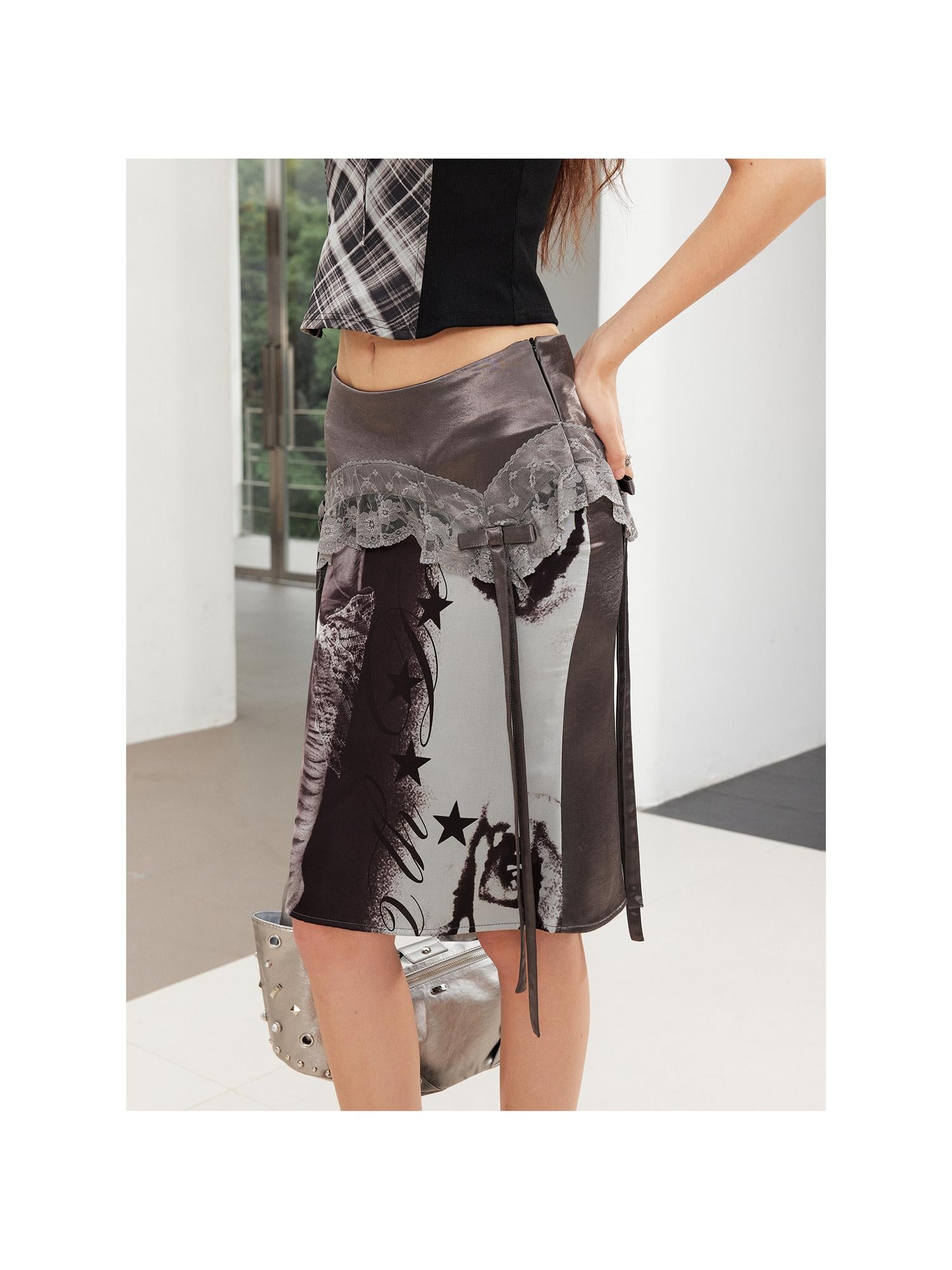 2th Desire Punk Graffiti Polka Dot Floral Lace Bow Mermaid Midi Skirt
