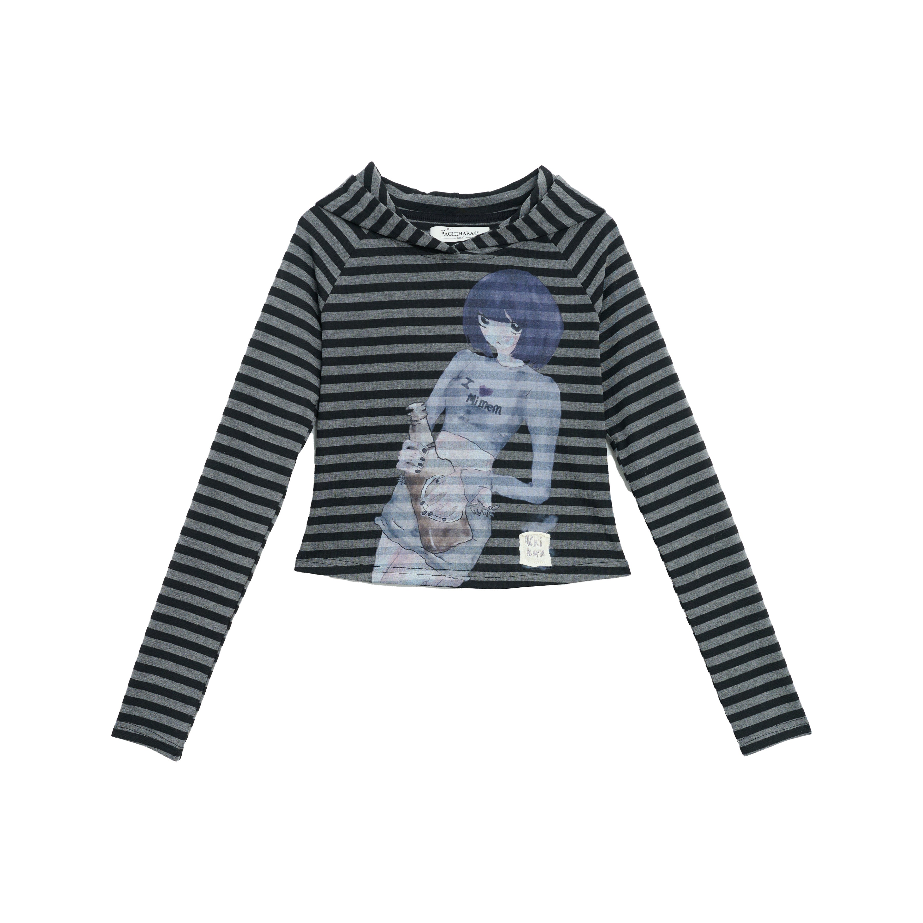 Achihara Drunk Mickey Stripes Long Sleeve Hooded T-Shirt