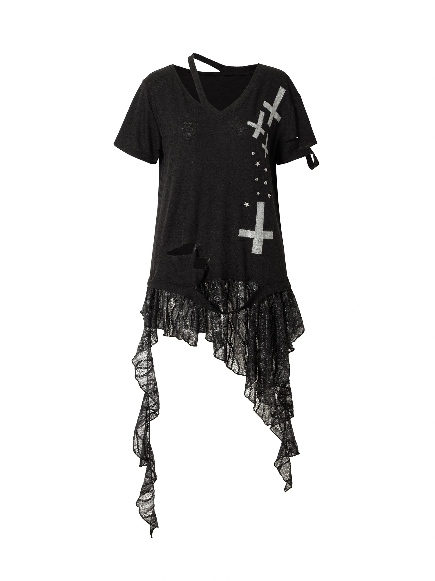 Edgy Punk Rock Distressed Lace Trim Asym Hem Loose T-Shirt