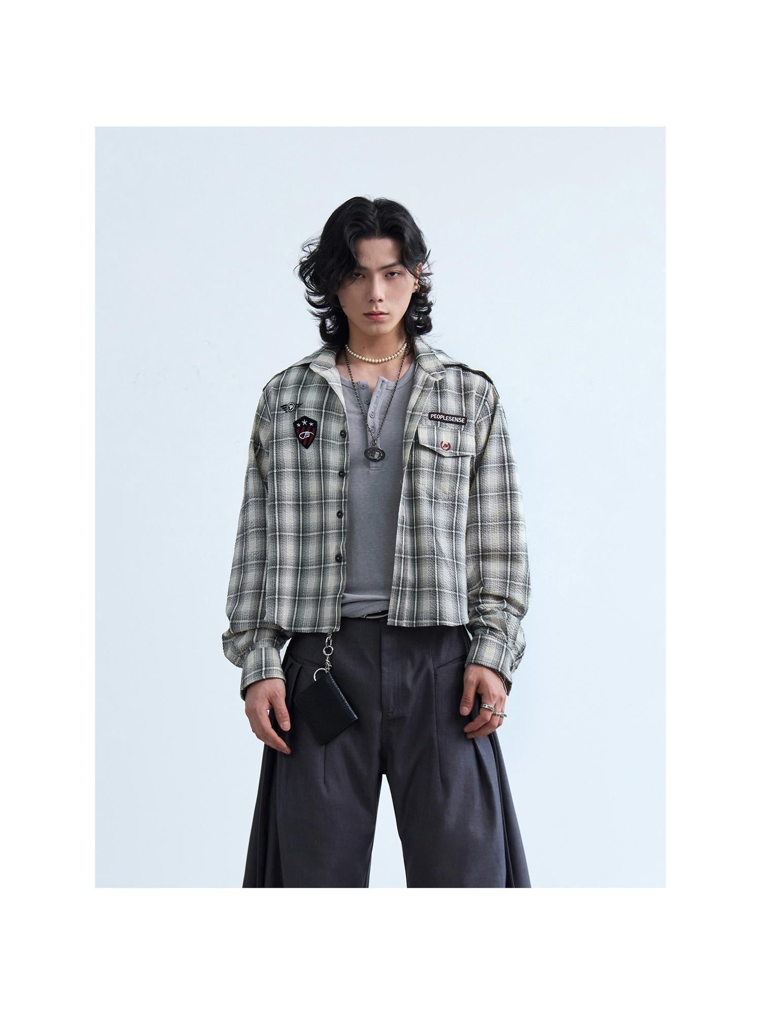 Peoplesense Plaid Embroidered Oversized Hooded Shirt Jacket