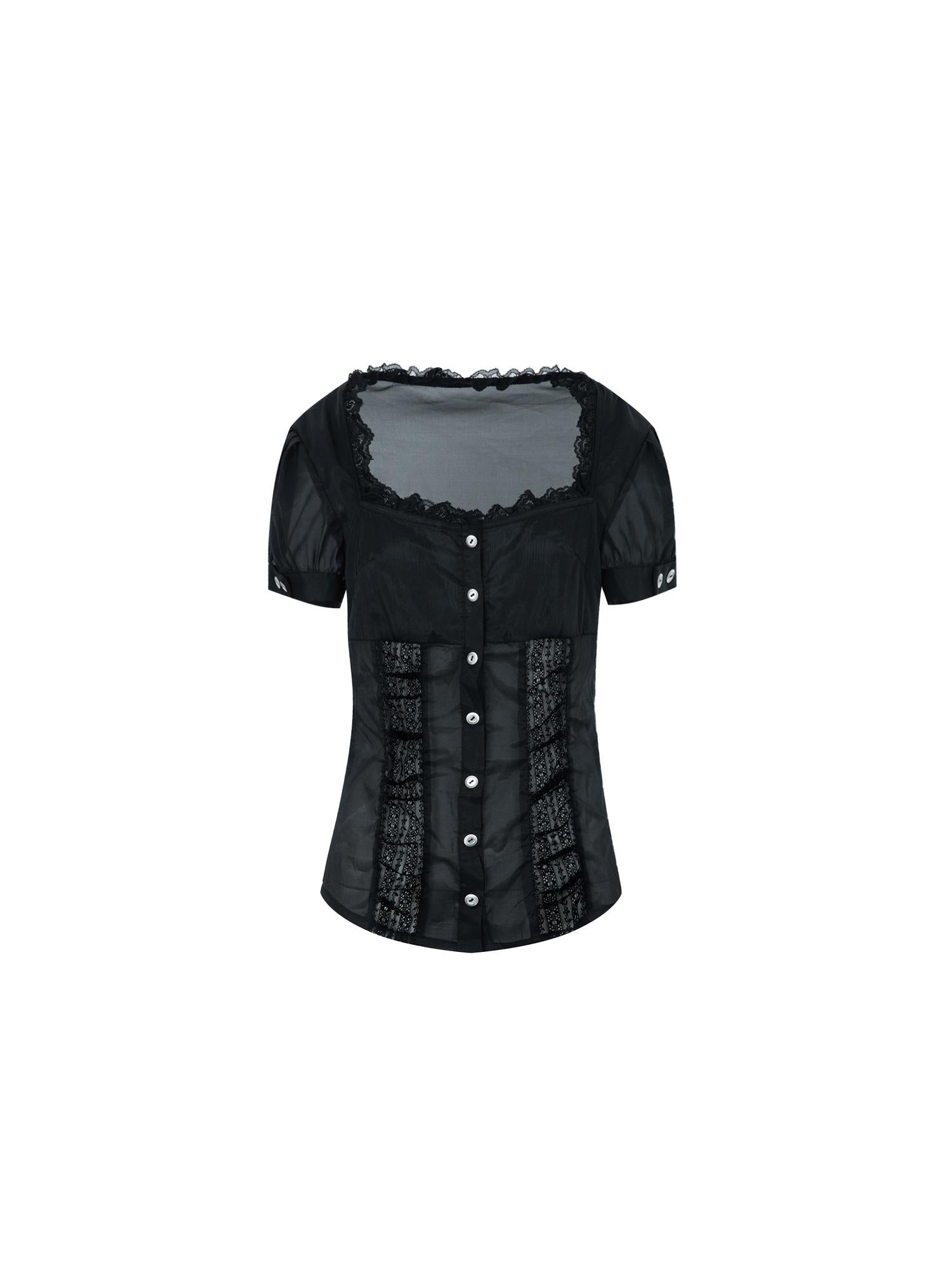 DoublePunch Vintage Lace Trim Princess Sleeve Blouse With Square Neck