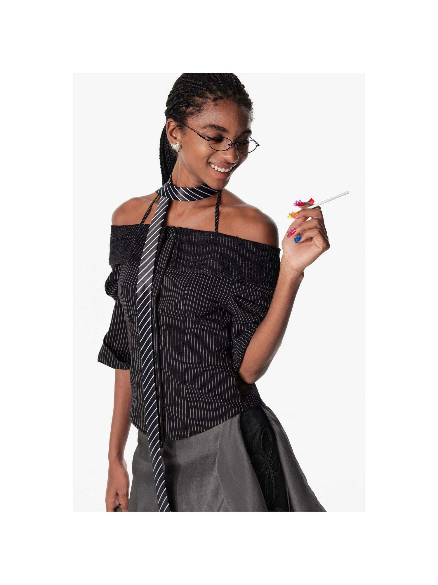 Lace Trim Off-Shoulder C-Cut Back Fitted Blouse Shirt