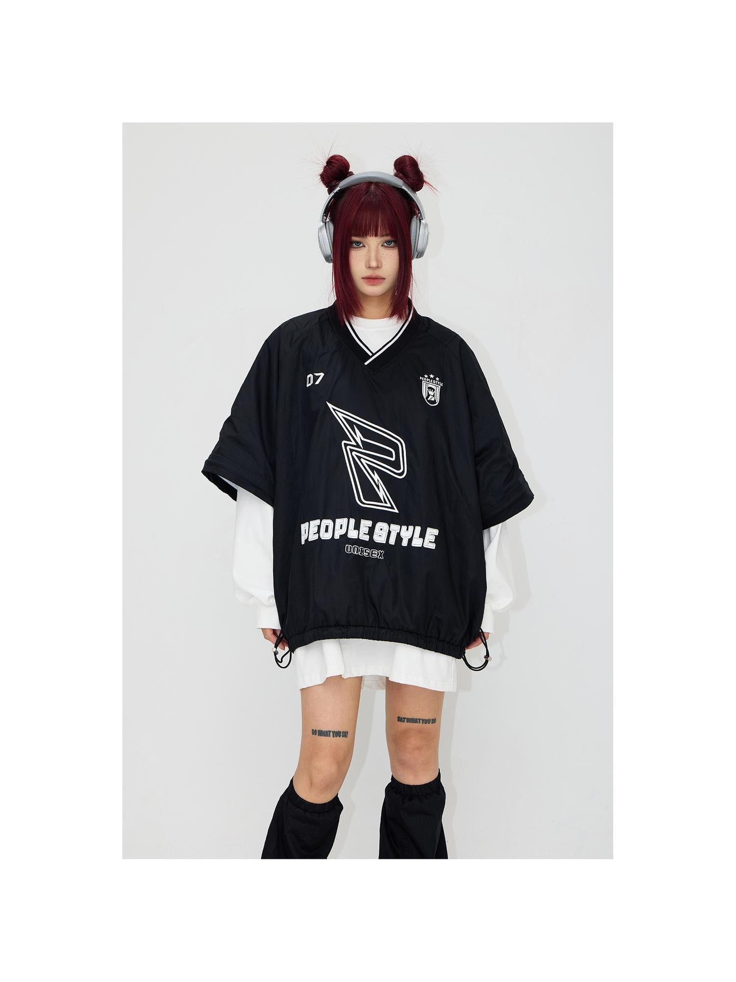Peoplesense Retro Embroidered V Neck Red Sportswear Unisex Loose Fit Detachable Sleeves