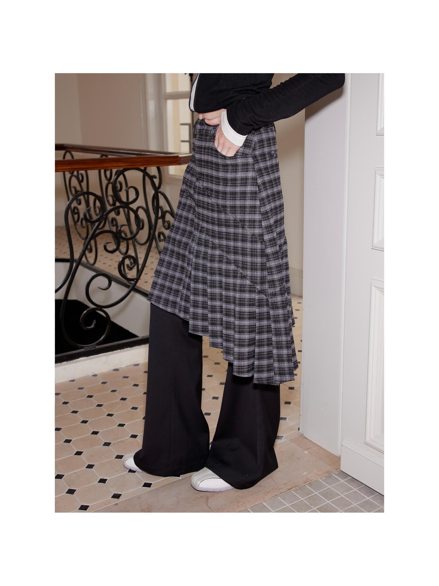 2th Desire Flared Suede Skirt Pants With Plaid Layered Design