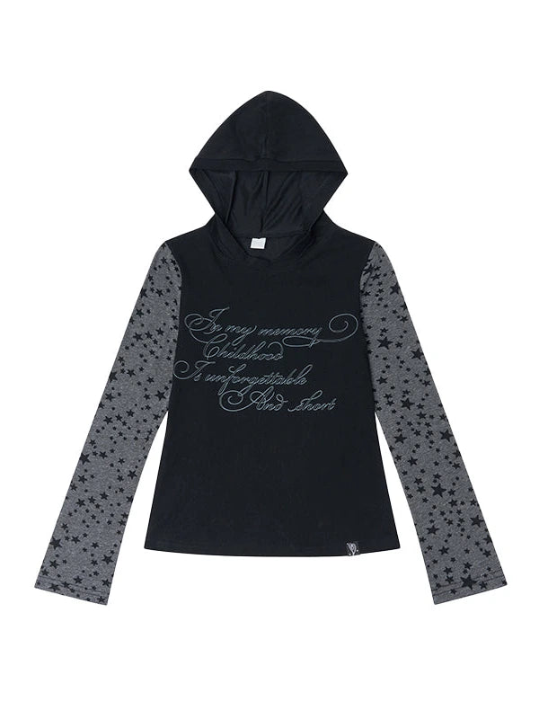 Slim Fit Hooded Round Neck Printed Patchwork T-Shirt