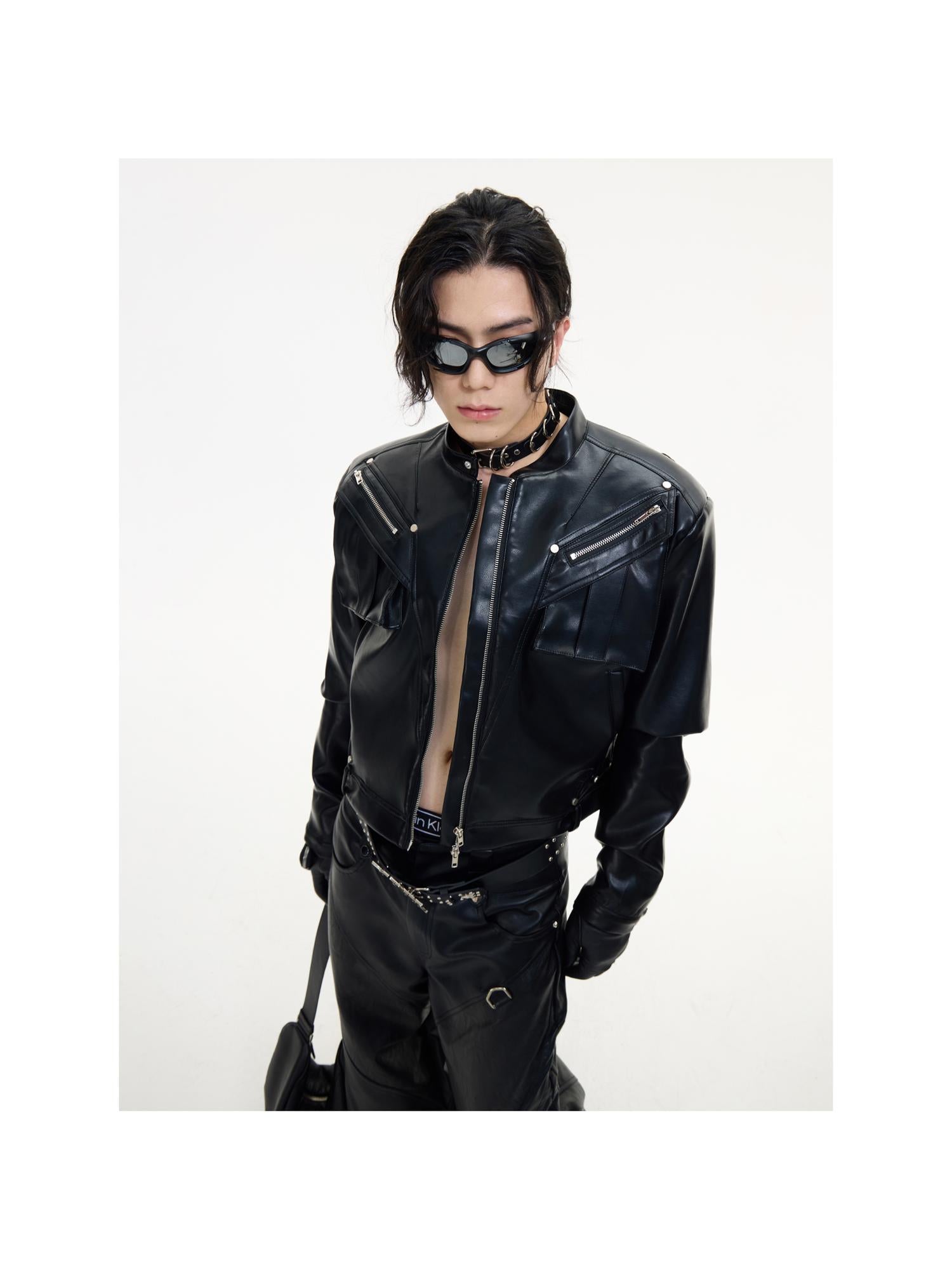 Peoplesense Short Metal Zipper Biker Jacket Slim Fit Unisex Leather Coat