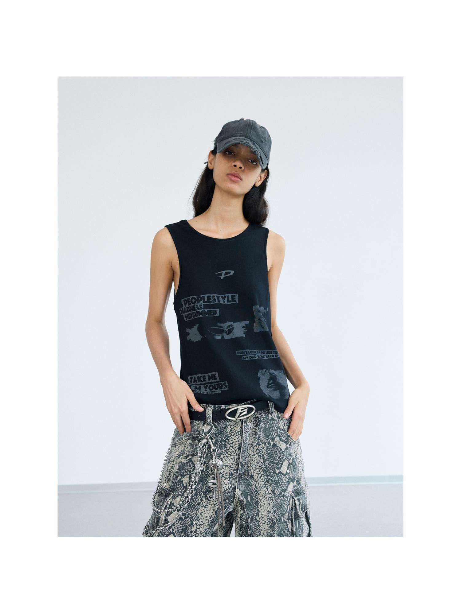 Peoplesense Graffiti Punk Knit Vest Unisex Raw Edge Striped Sleeveless