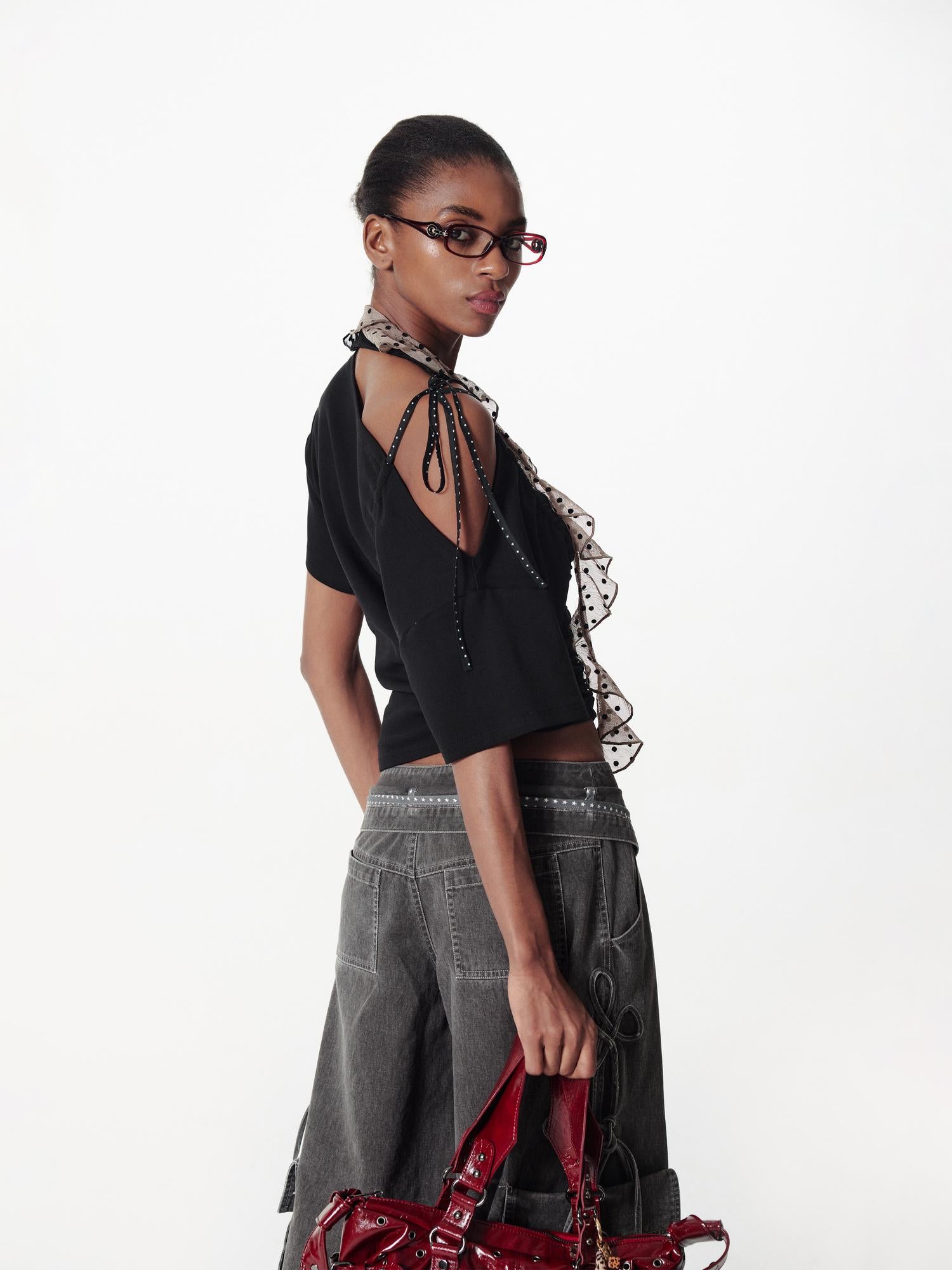 2th Desire Asymmetric Color Block Dot Tie Front Batwing Sleeve T-Shirt