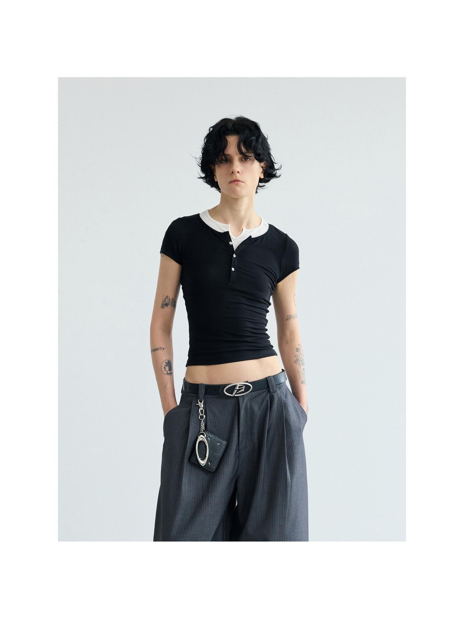 Peoplesense Fake Two Piece Slim Fit Cropped Tee With Belted Right Shoulder