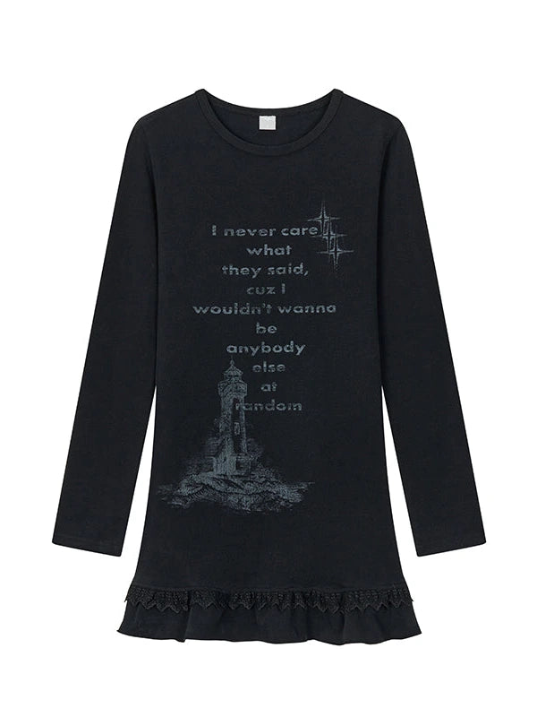Lace Trim Floral Print Slim Long Sleeve T-Shirt Dresses