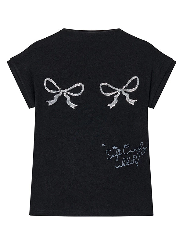 Sparkly Embroidered Bow Print Fitted Summer Tee