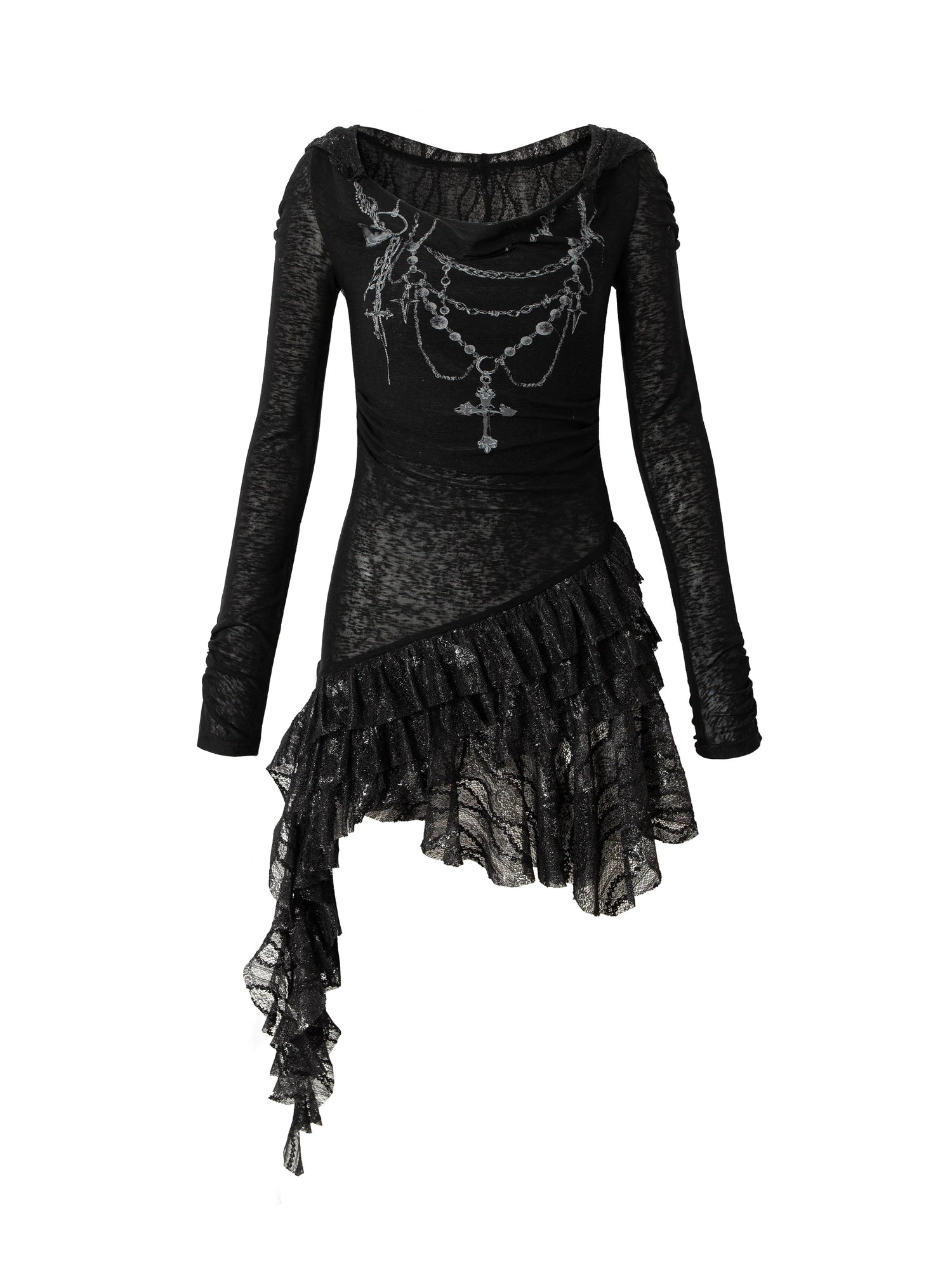 Sheer Lace Punk Print Hooded Knit Dress