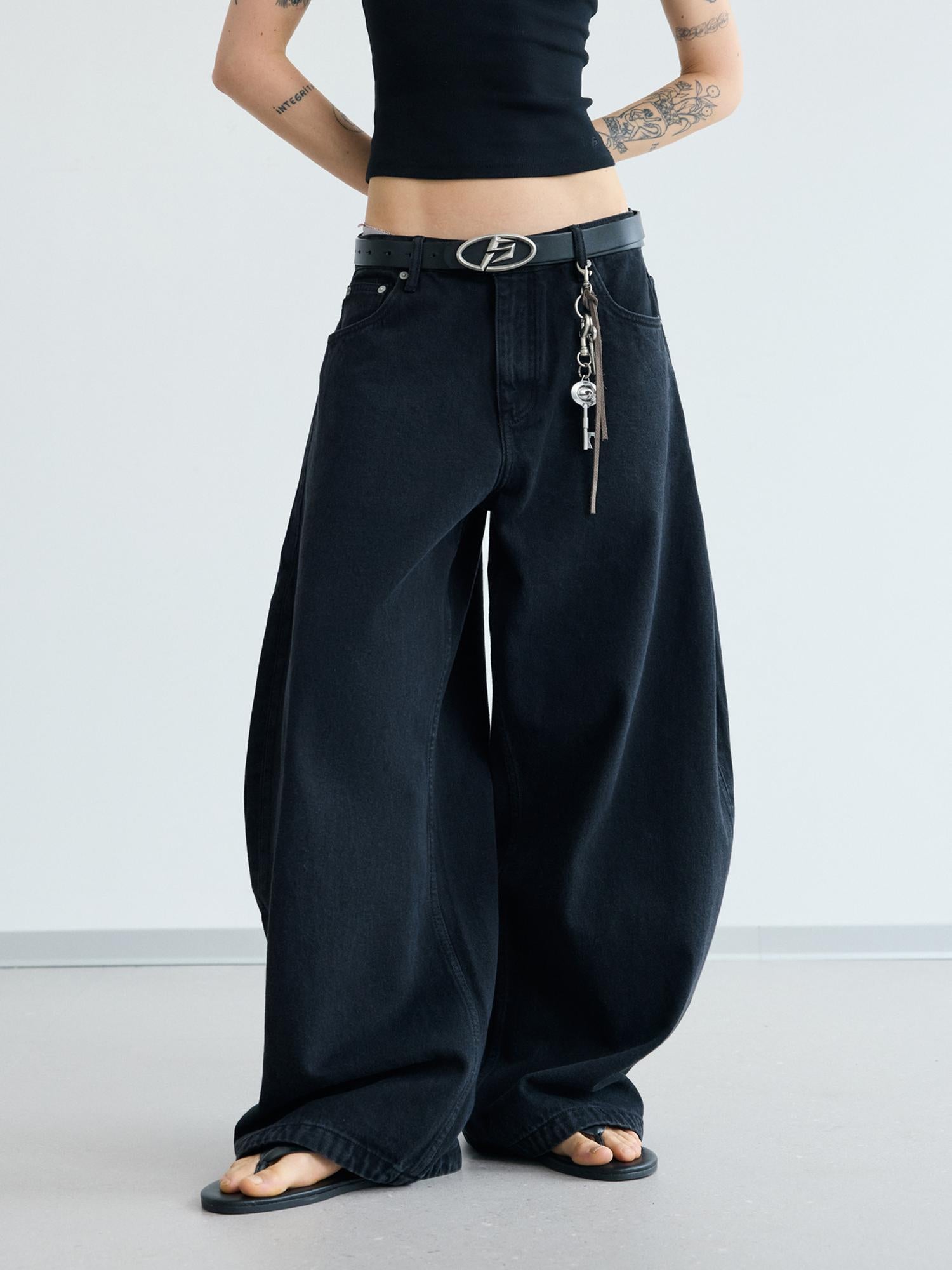 Peoplesense Simple Washed Wide Leg Jeans Relaxed Fit With Curved Hem