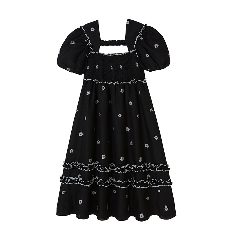 DIDDI MODA Black White Floral Smocked Babydoll Dress With Back Cutout
